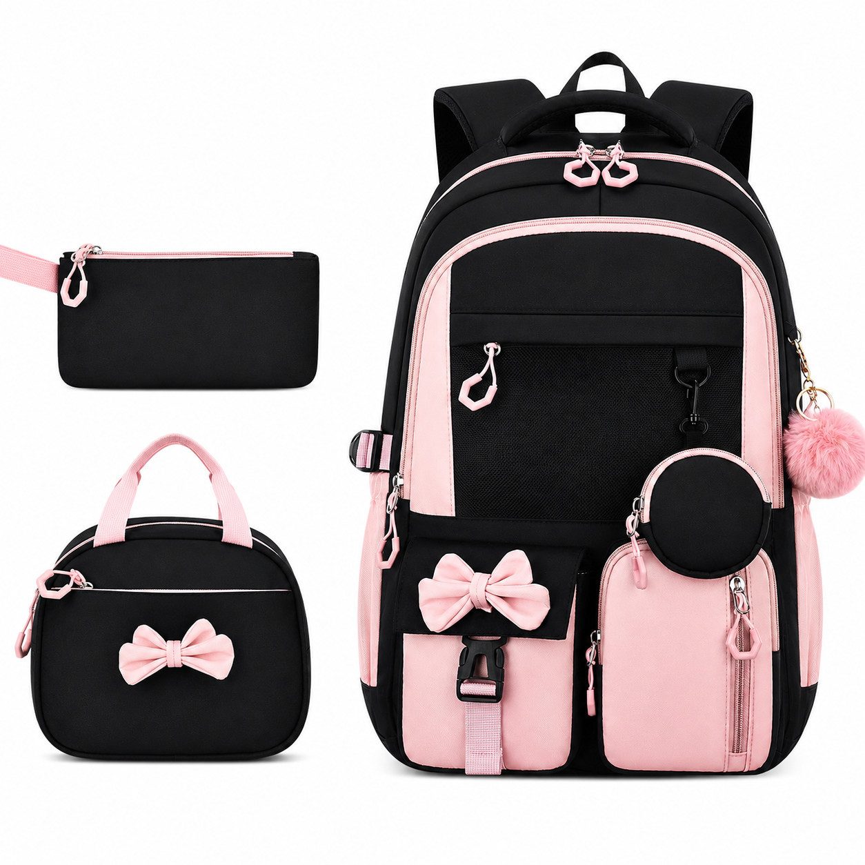 MOPUEA Schulrucksack Schulrucksack-Set Schultasche Teenager Turnbeutel (3-tlg., mit isolierter Lunchtasche, abnehmbarem Münzbeutel & Federmappe), Süße Schultasche Mit Schleife, Langlebiges Material & pflegeleicht
