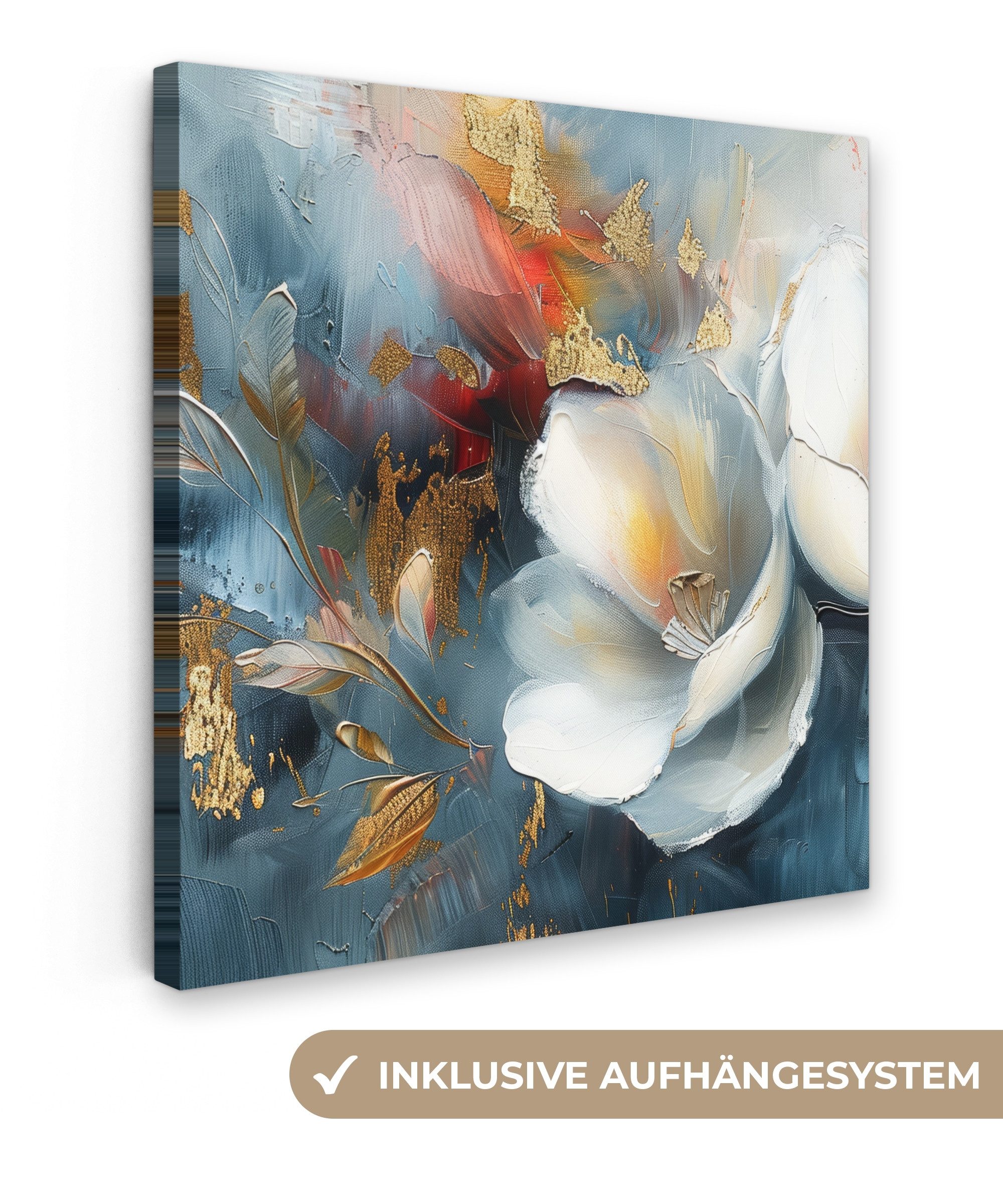 OneMillionCanvasses® Leinwandbild Blumen - Weiß - Gold - Kunst - Abstrakt, günstig online kaufen