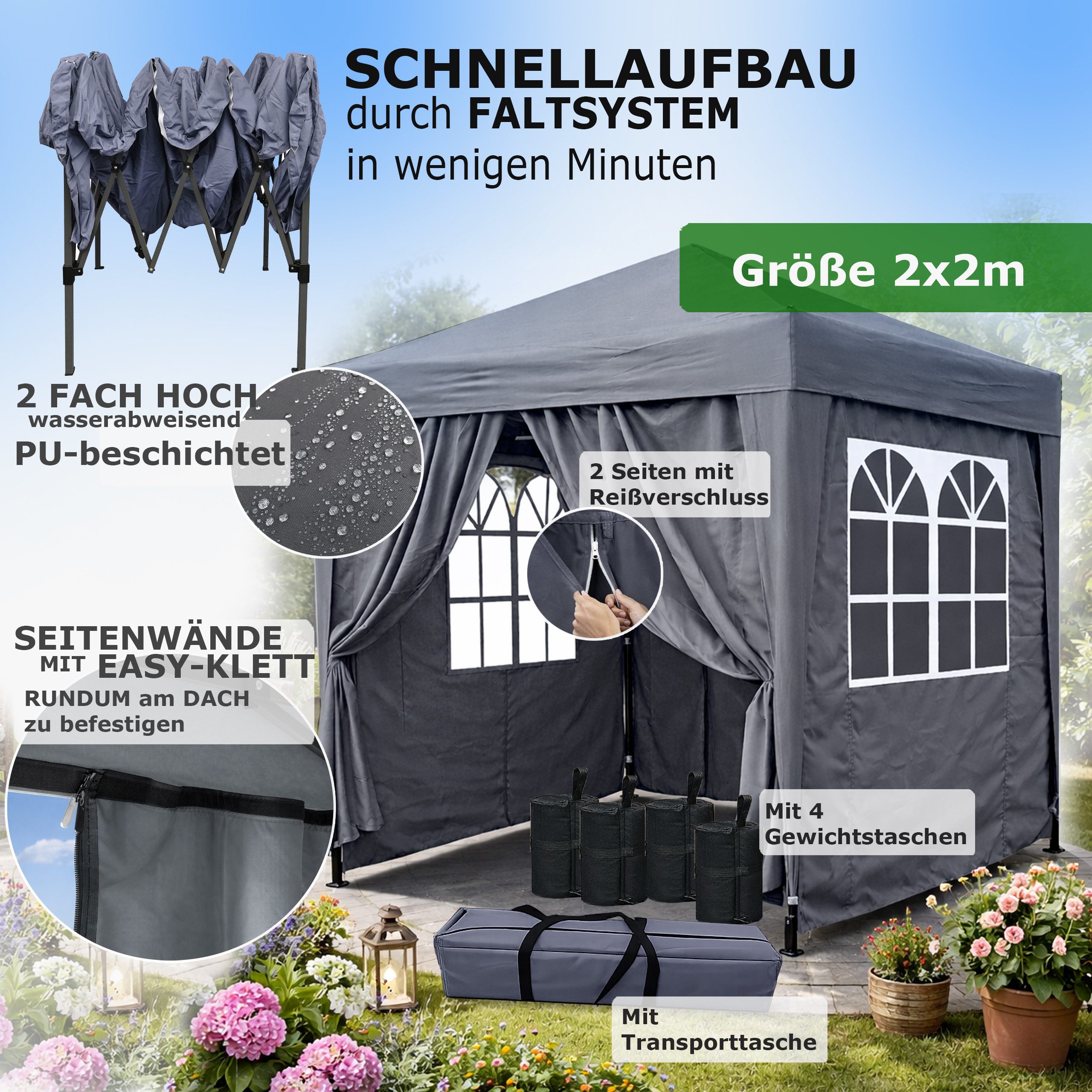 Quick Star Faltpavillon Pop Up mit 4 Fußgewichten, mit 4 Seitenteilen, (Faltpavillon inklusive Seitenteilen und 4 Fußgewichten), Maße L/B/H: 200x200x245cm – Bild 2 von 5