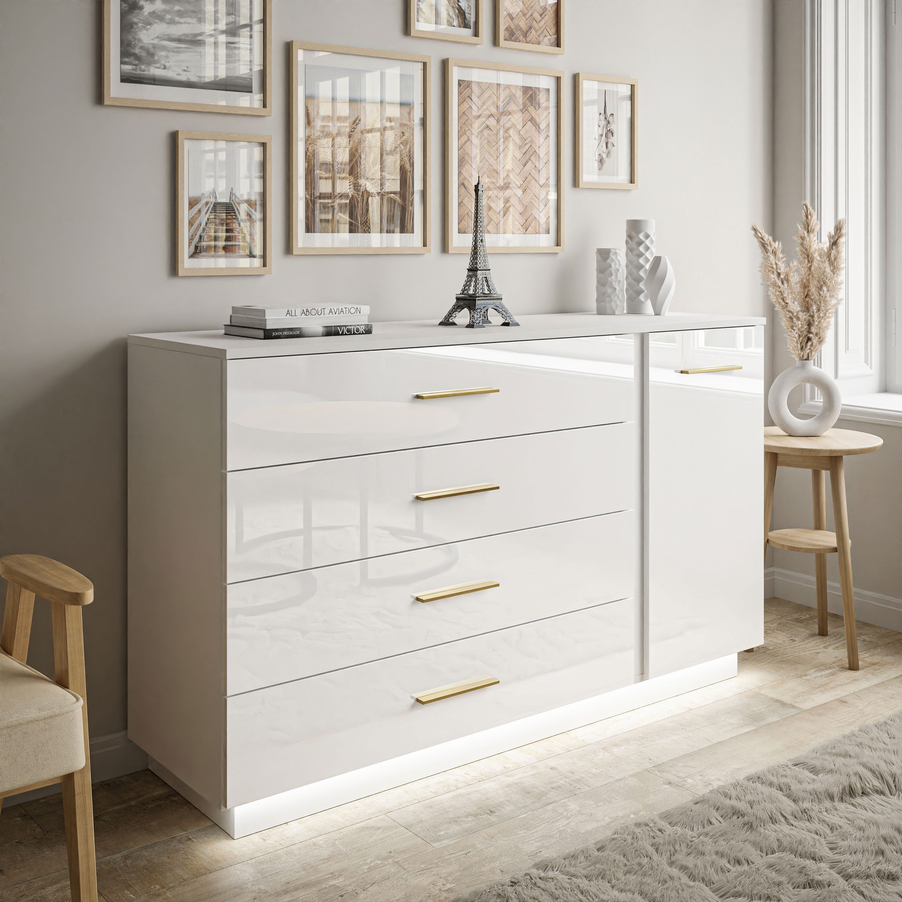 Lookway Kommode LINA II Weiß Hochglanz mit LED, Breite 138cm