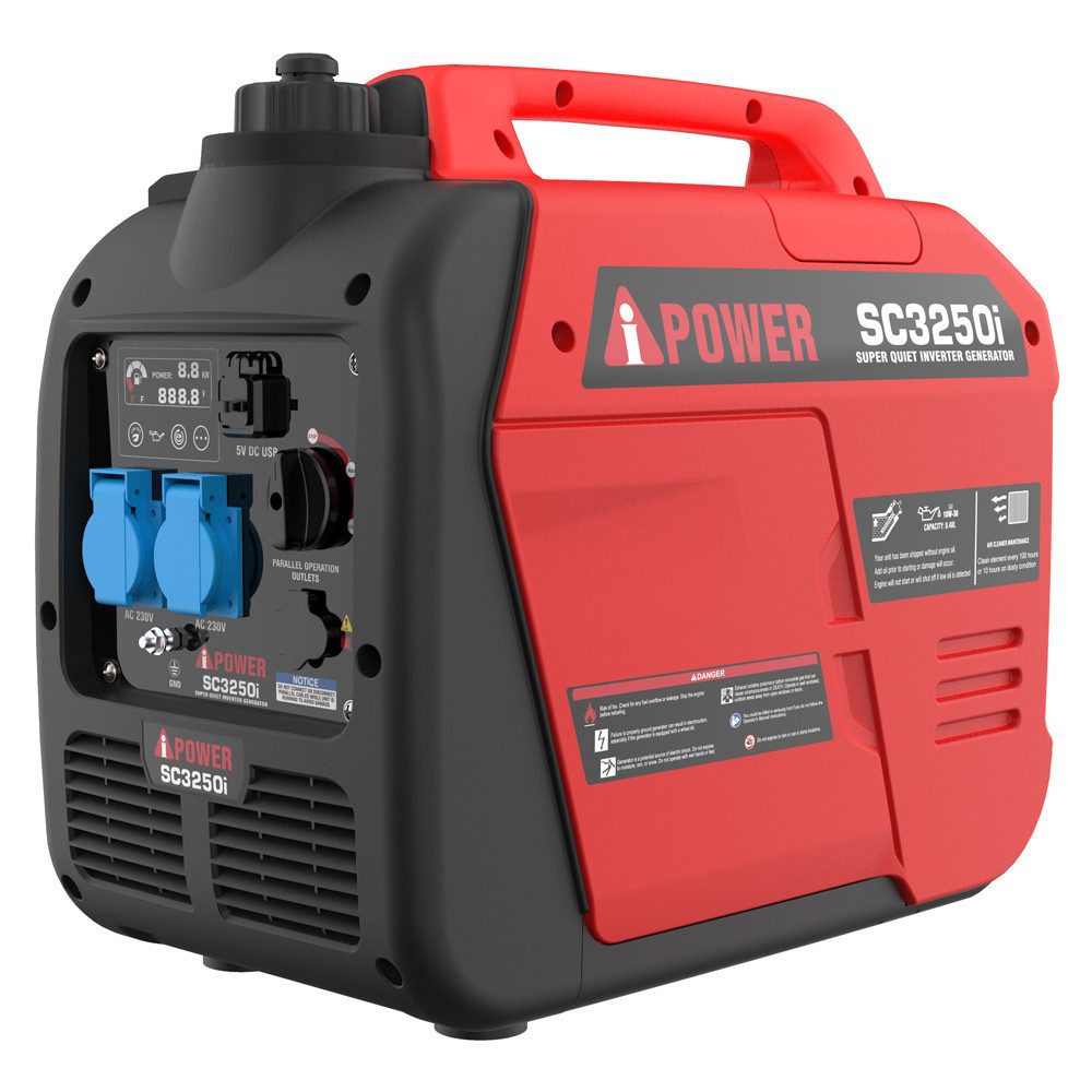 A-iPower Stromerzeuger SC3250i, 3,20 in kW, (Benzin Stromgenerator Generator Notstromaggregat 4-Takt Motor Stromerzeuger Leise 65 dB Generator), mit 230V Steckdosen und USB
