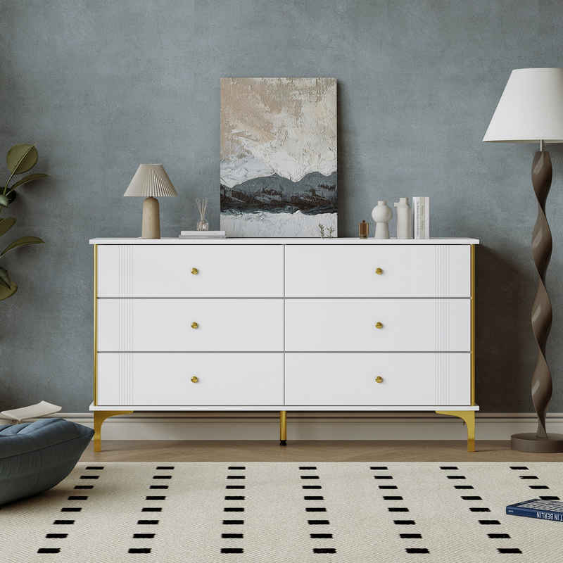 Merax Kommode mit goldenen Dekor und Metallfüße, Schubkastenkommode, 6 Schubladen, Sideboard, Scandi, B:140cm