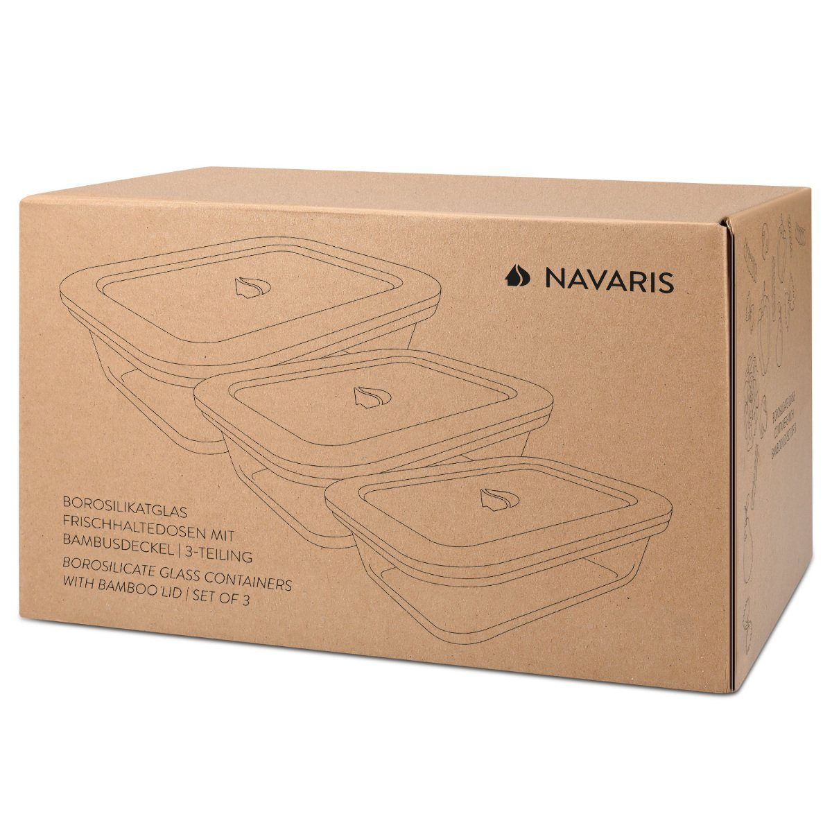 - Behälter, (3-tlg) 3x Navaris Set Dose Lunchbox Glasbehälter Glas, mit Deckel Bambus