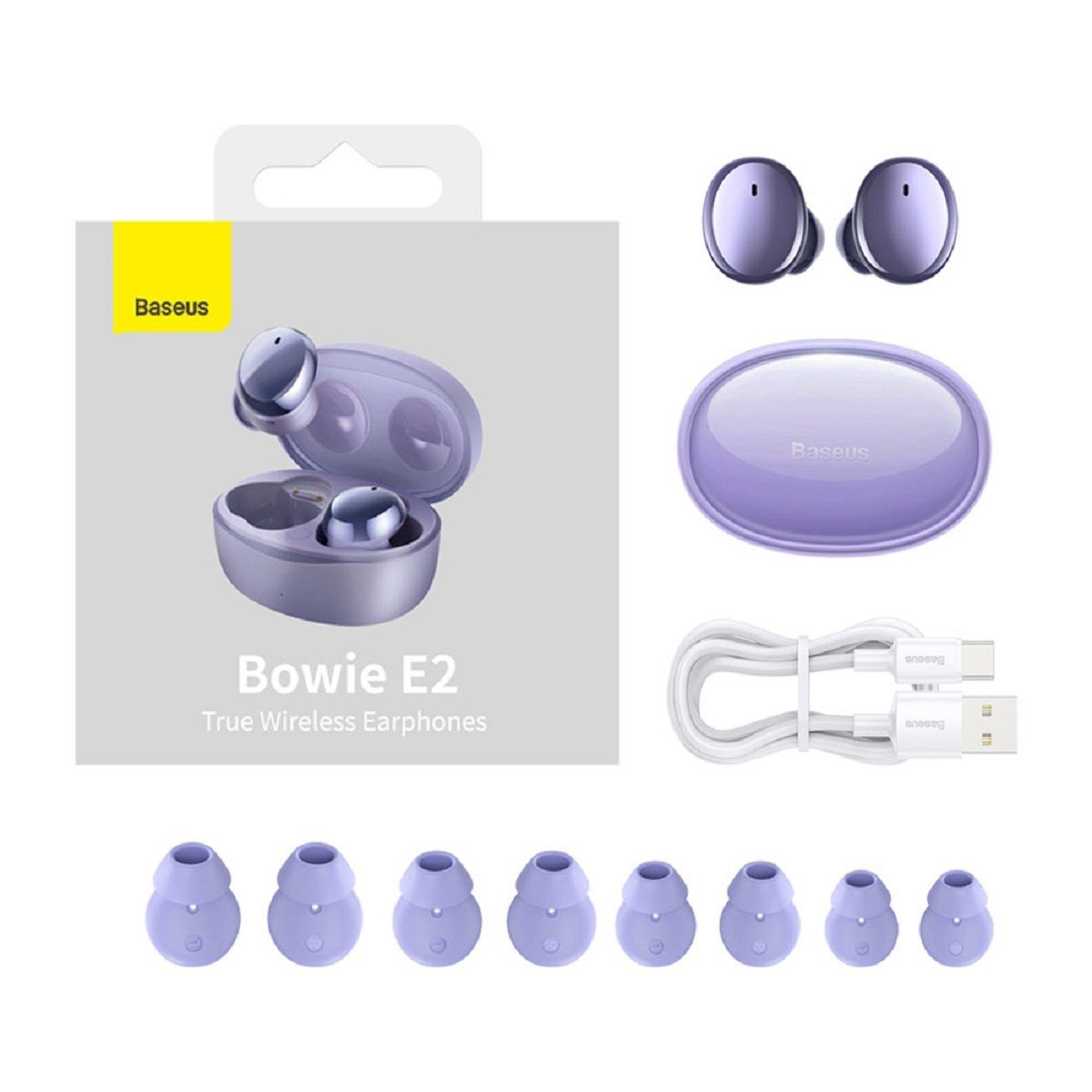 Bowie Baseus Kopfhörer 5.2 Wireless Touch Bluetooth, IP55 Baseus Control, IP55 (Bluetooth, E2 Wasserdicht: Wasserdicht Bluetooth-Kopfhörer TWS zertifiziert) Bluetooth Lila