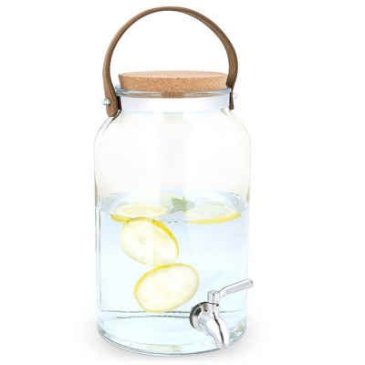 Navaris Getränkespender, 5,6 Liter aus Glas - mit Zapfhahn aus Edelstahl und Kork Deckel - Wasserspender Glasbehälter für kalte Getränke