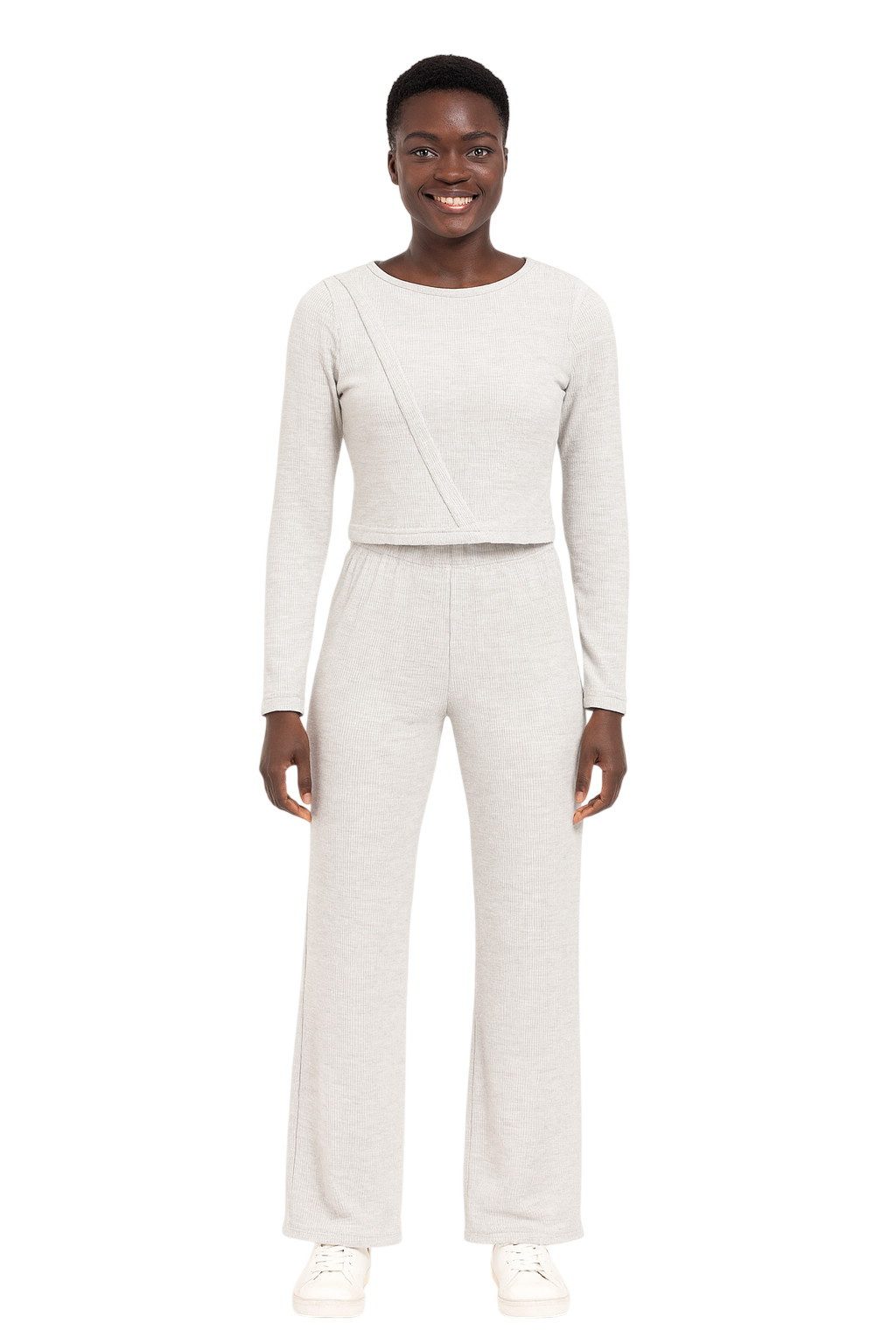 For You Moda Blusentop Langarm-Set aus Waffelpiqué – Grau, 100 % Baumwolle