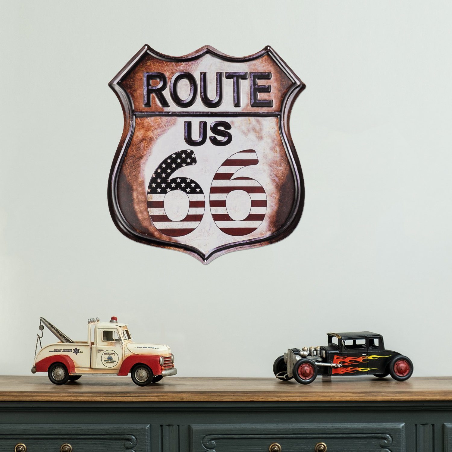 Moritz Metallschild Route 66 US Straßenschild Flagge, Vintage Retro Deko Schild Metallschild Wandbild Schild