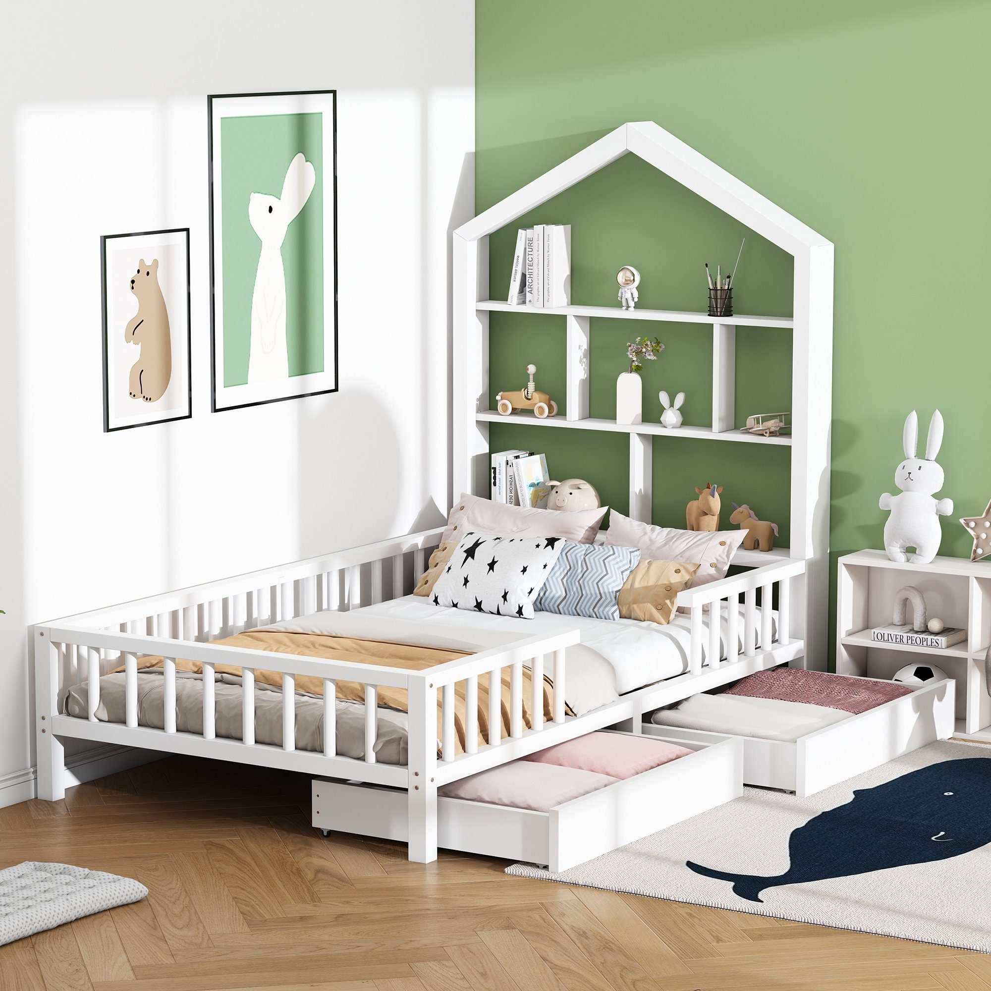 Kinderbett (Jugendbett Einzelbett 90x200cm), mit Schubladen und Lattenrost, Hausbett mit Bücherregal Rausfallschutz