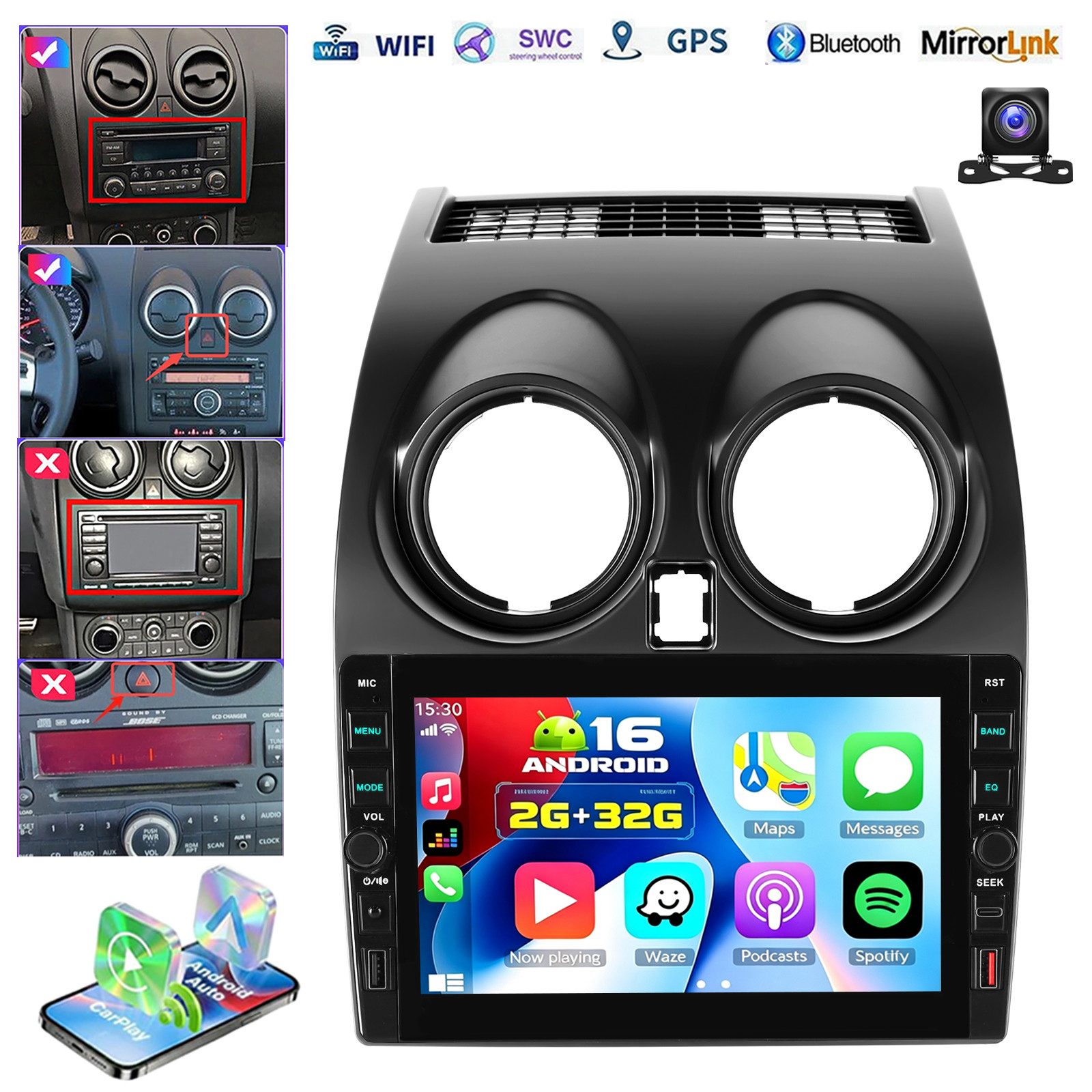 ESSGOO DAB+ Für Nissan Qashqai J10 07-15 Android16 Carplay Autoradio GPS Navi Autoradio (RDS, 4+64GB(optional), Digitalradio (DAB), FM, GPS, 2 DIN, WIFI, SWC, Apple Carplay Android Auto GPS Navi WIFI BT EQ mit USB und Type-C)