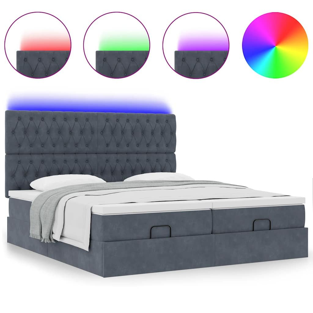 Bett Ottoman-Bett mit Matratzen & LEDs Dunkelgrau 200x200 cm Samt