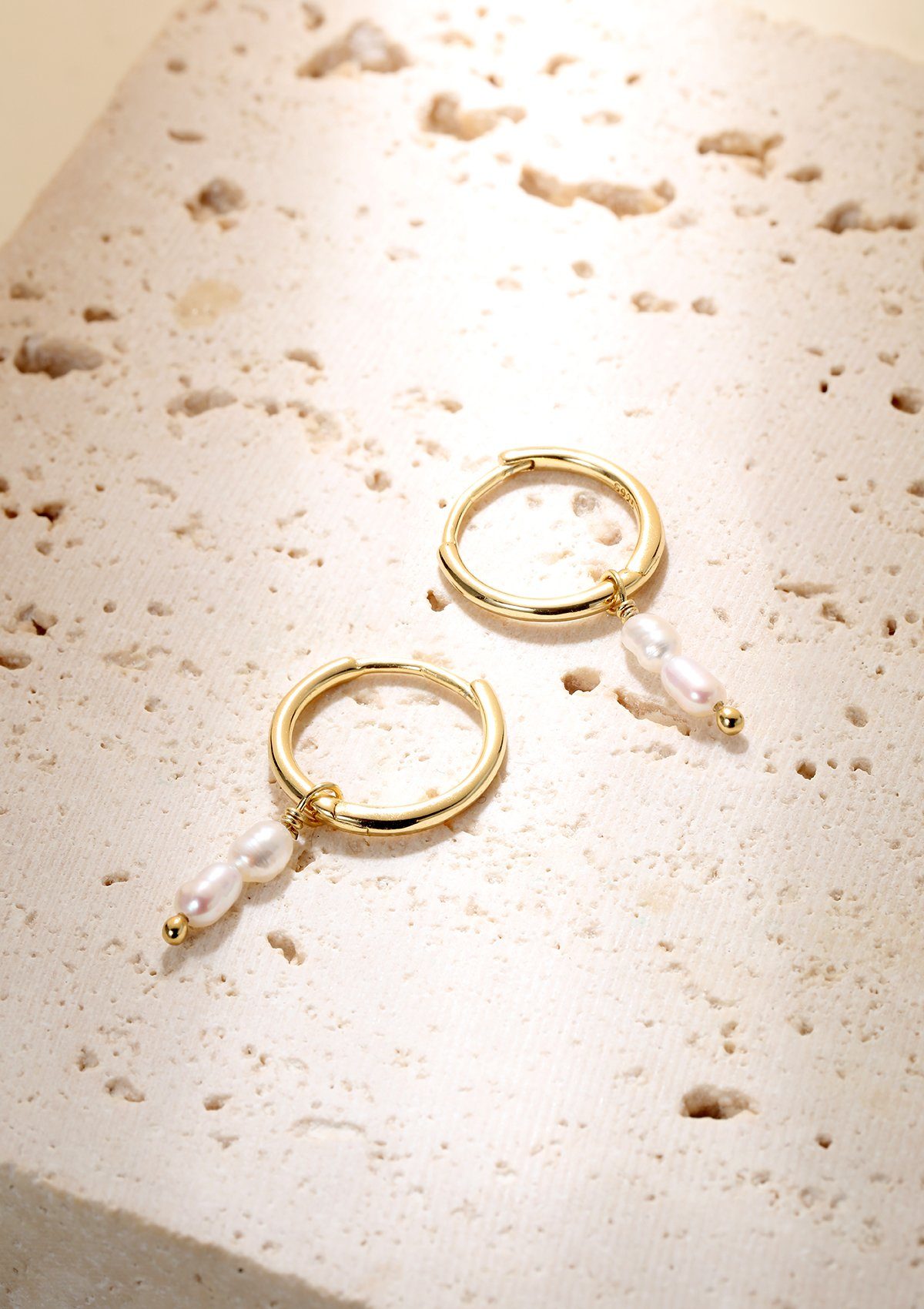 Hey Happiness Paar Creolen Perle Anhänger doppelt, Silber Ohrhänger Damen, 925 Silber Ohrringe Perlen weiß, 18K Gold Roségold, Brautschmuck