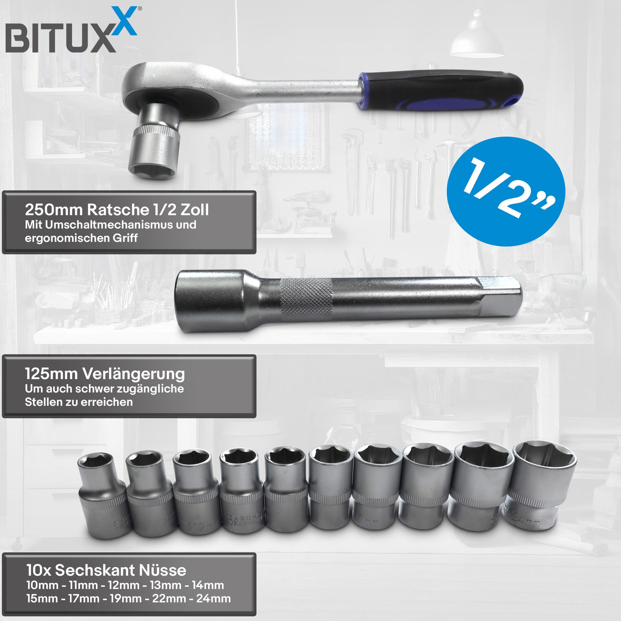 Bituxx Werkzeugset Bituxx Ratschen Set 1/2 Zoll 12 tlg., (12-tlg., MS-19499), ergonomischer Griff