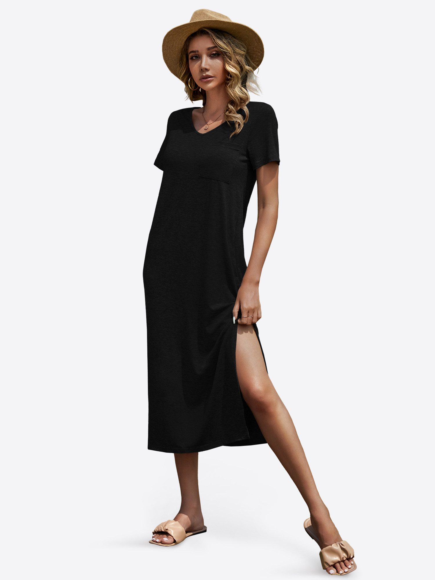 Imily Bela Maxikleid Damen Shirtkleid ärmellos V-Ausschnitt Loose Sommer (Packung, 1-tlg., 1per-Pack) mit Brusttasche und Seitenschlitzen