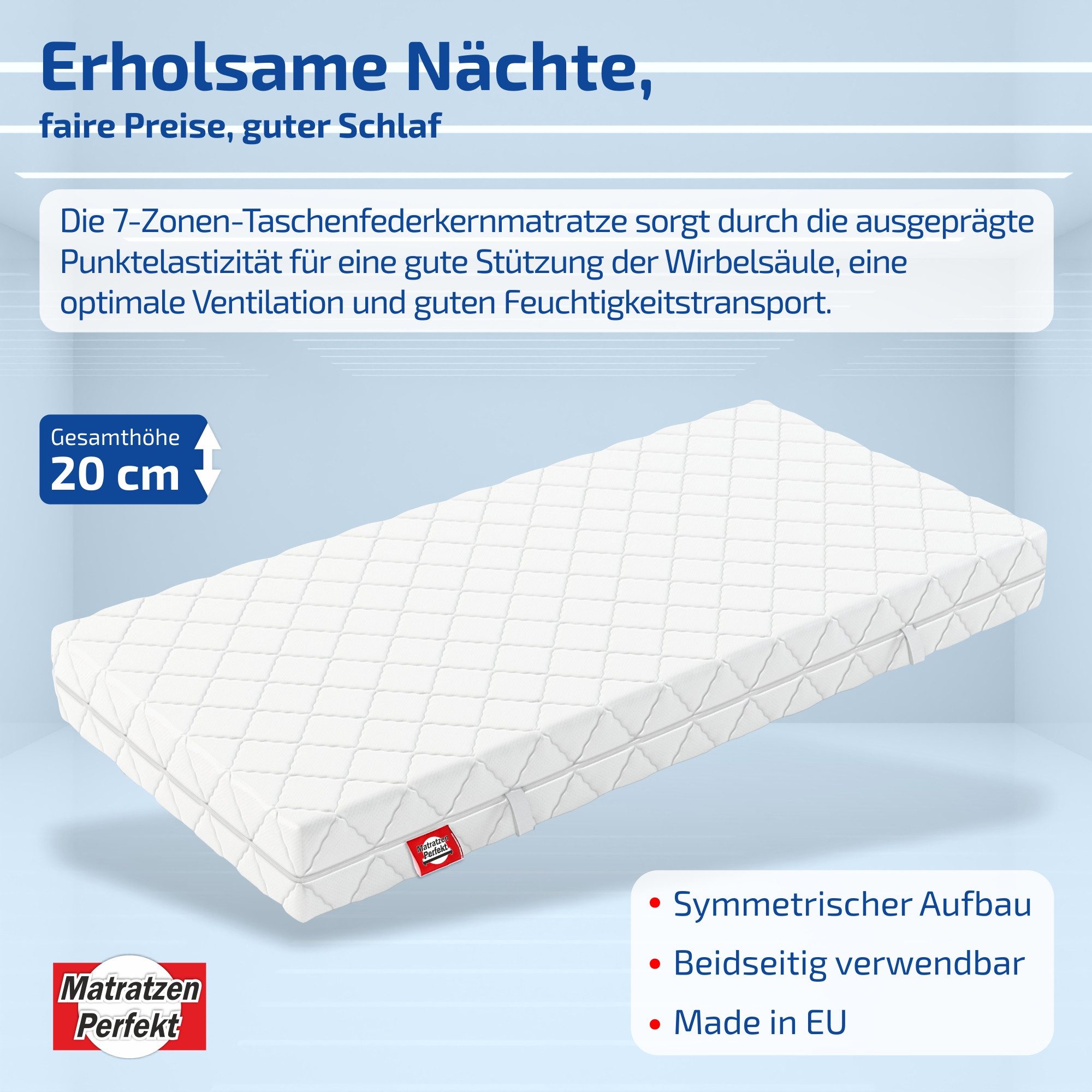 Taschenfederkernmatratze KÖLN, mit 7 ergonomische Liegezonen im Federkern, BELASTBAR BIS 160 KG, Matratzen Perfekt, 20 cm hoch, (90x200 cm 140x200 cm & alle Grö – Bild 4 von 5
