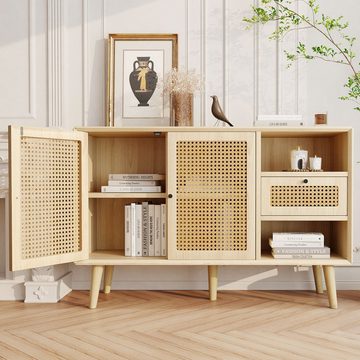 Sweiko Sideboard, mit Rattan-Magnettür, Schublade, 2 offenen Fächern, 120 x 40 x 80 cm