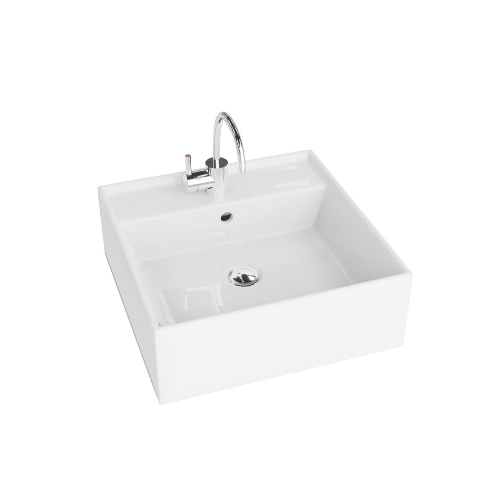 Waschbecken Aufsatzwaschbecken LA GROMERA quadratisch (410×410×150 mm), mit Überlauf mit 1 Hahnloch glänzend, weiß