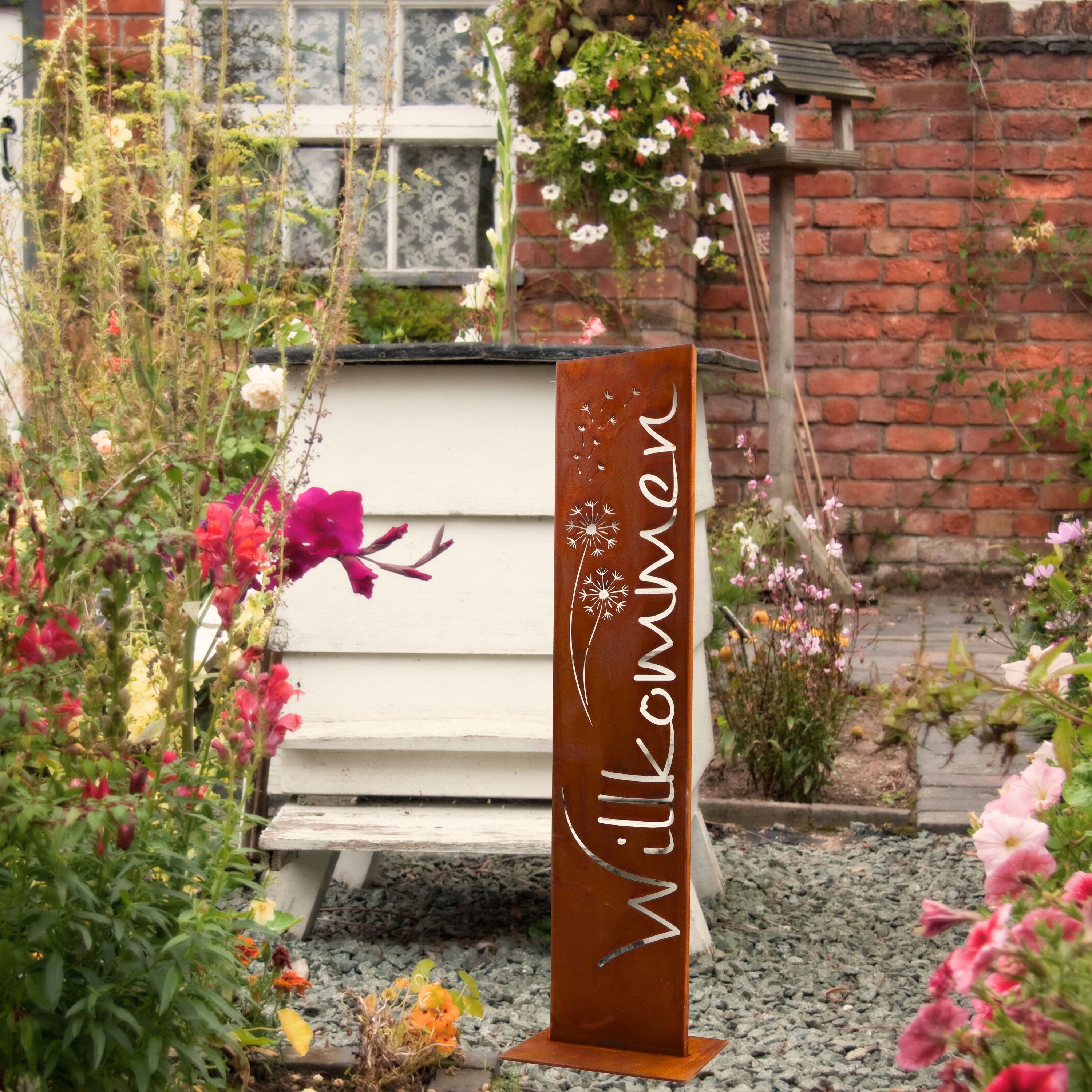 Rostikal Deko-Schriftzug Willkommen Stele Pusteblume Gartendeko Edelrost Cortenstahl, Dekorative Metallstele mit feinem Motiv, Gartenbereich & Eingangszone