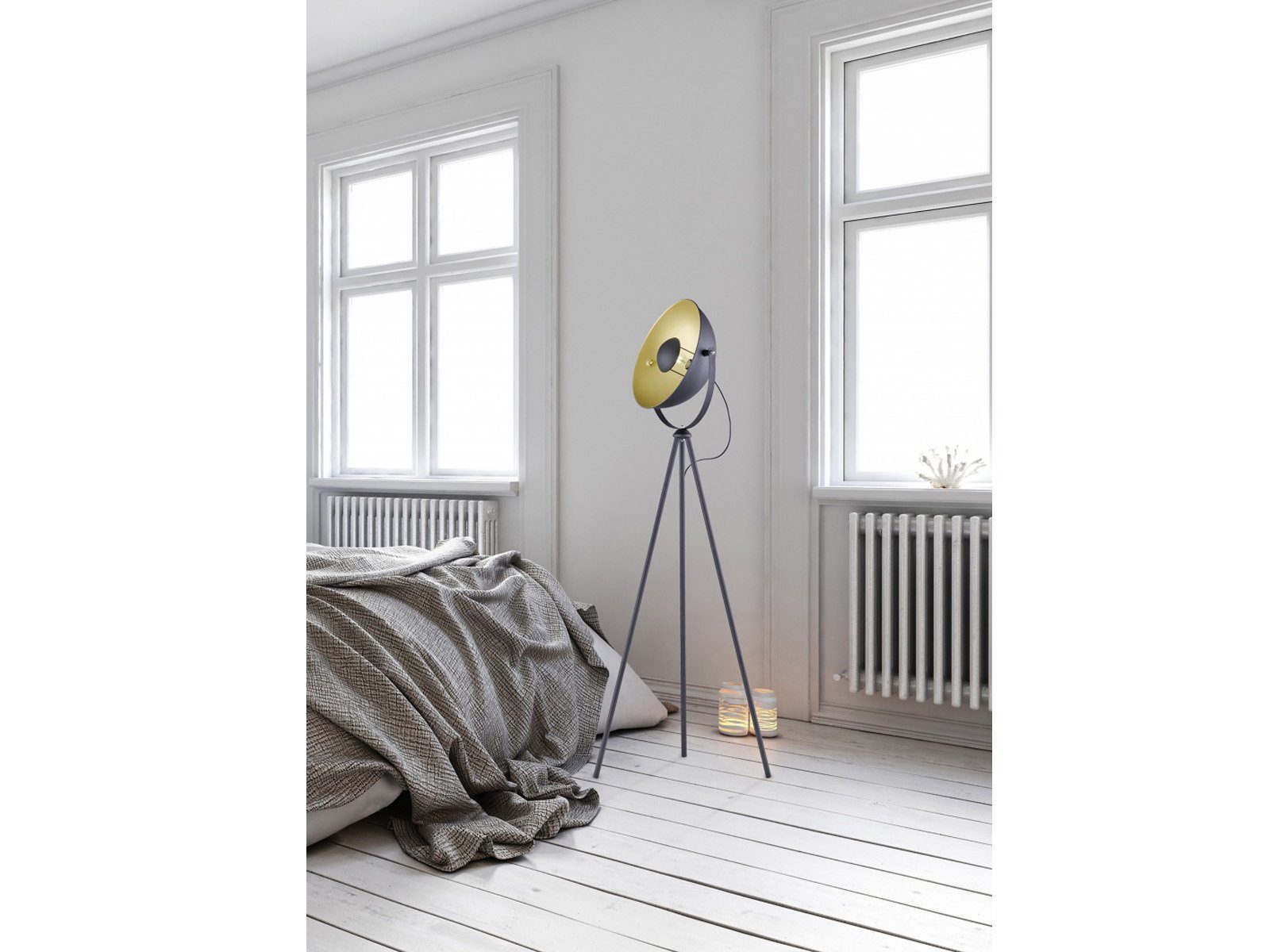 meineWunschleuchte LED Stehlampe, Dimmfunktion, LED Höhe Fabriklampe Tripod Golden wechselbar, Style Schwarz Industrial 160cm Warmweiß, Dreibein