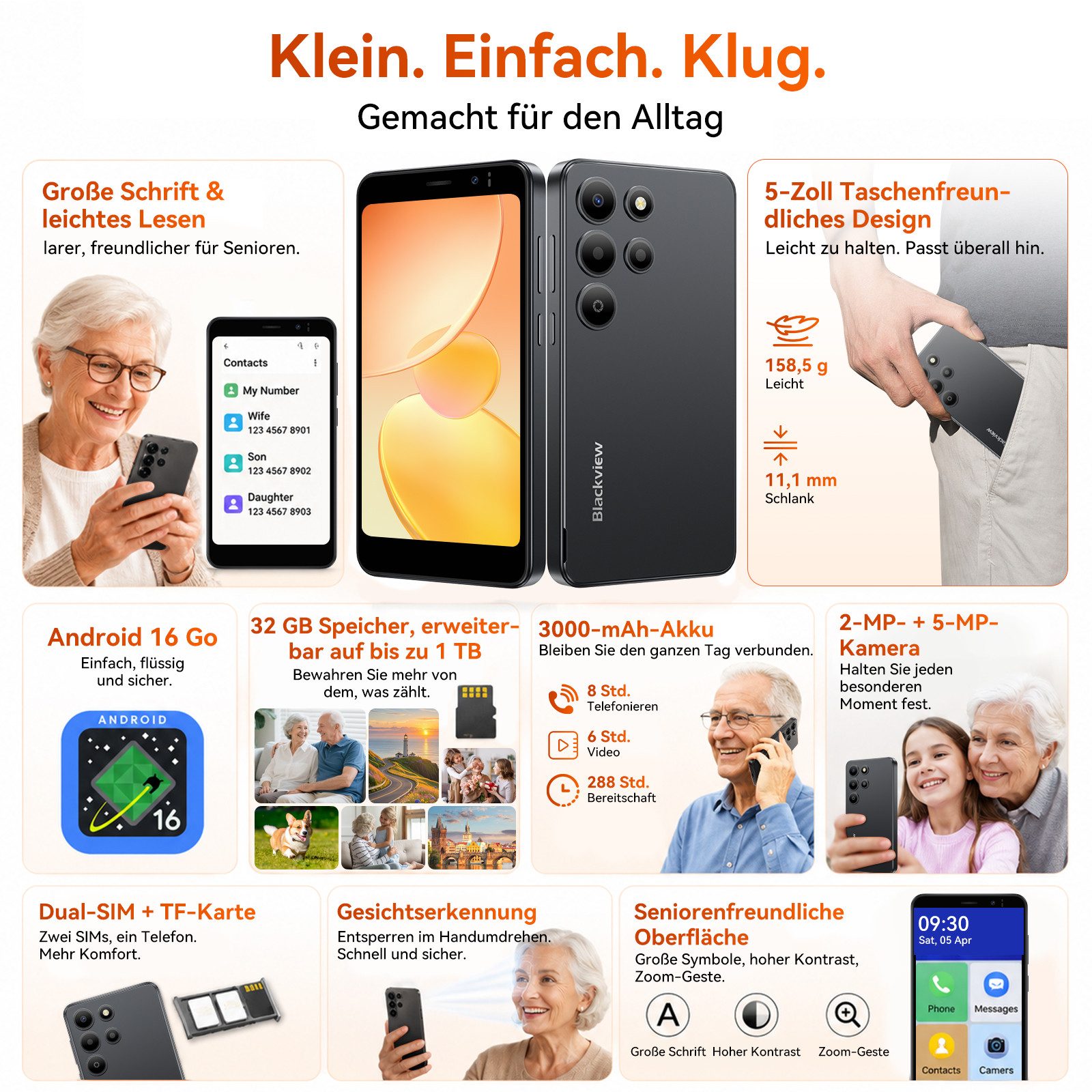 blackview WAVE 2C 5‘’ Handy ohne Vertrag, Android 16, 32GB/Face ID/mit Hülle Smartphone (5 Zoll, 32 GB Speicherplatz, 4G Dual SIM, 1080P-Video, Google Lens)