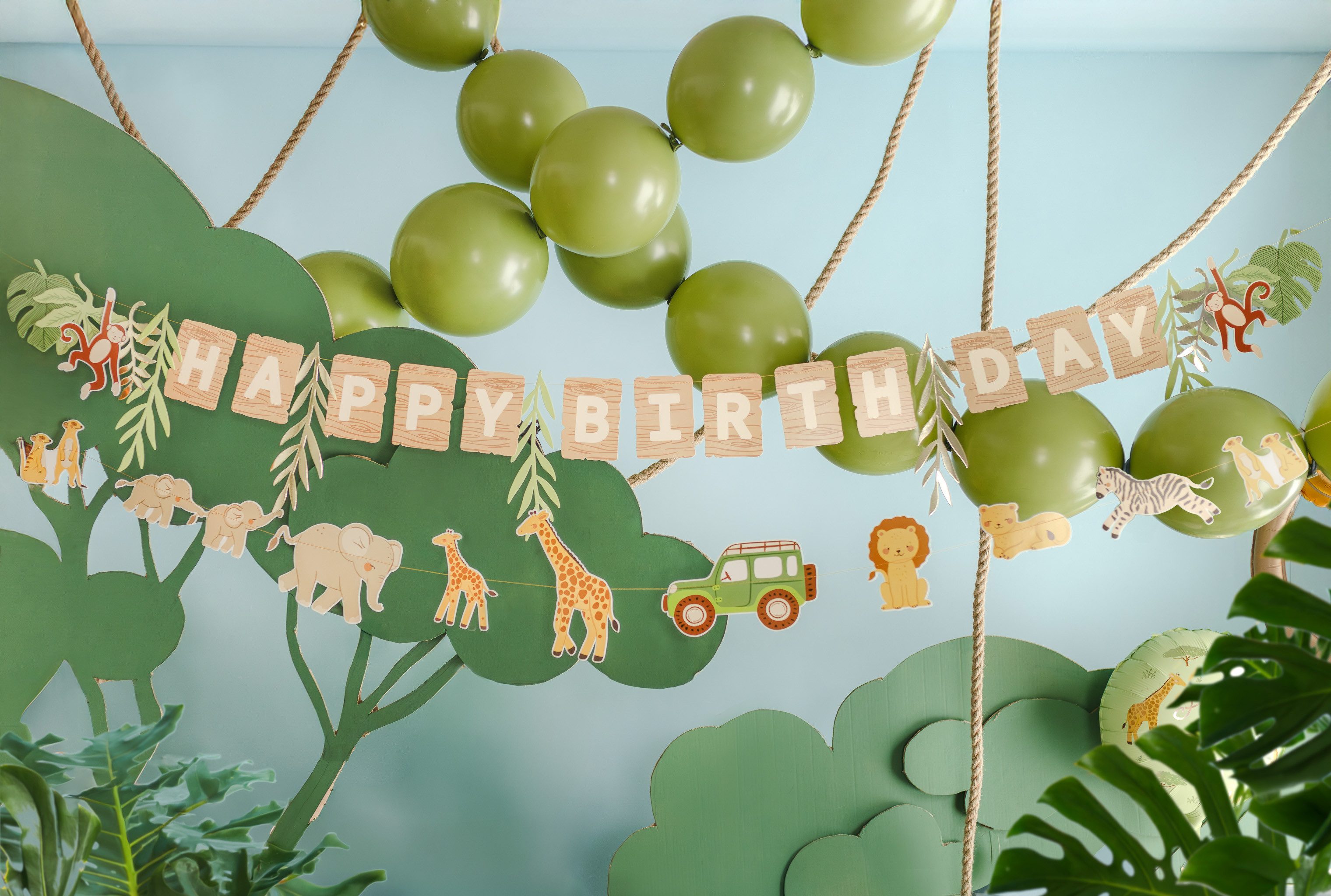 partydeco Girlande, Happy Birthday Girlande 180cm Safari Tiere Banner 2er Set Beige