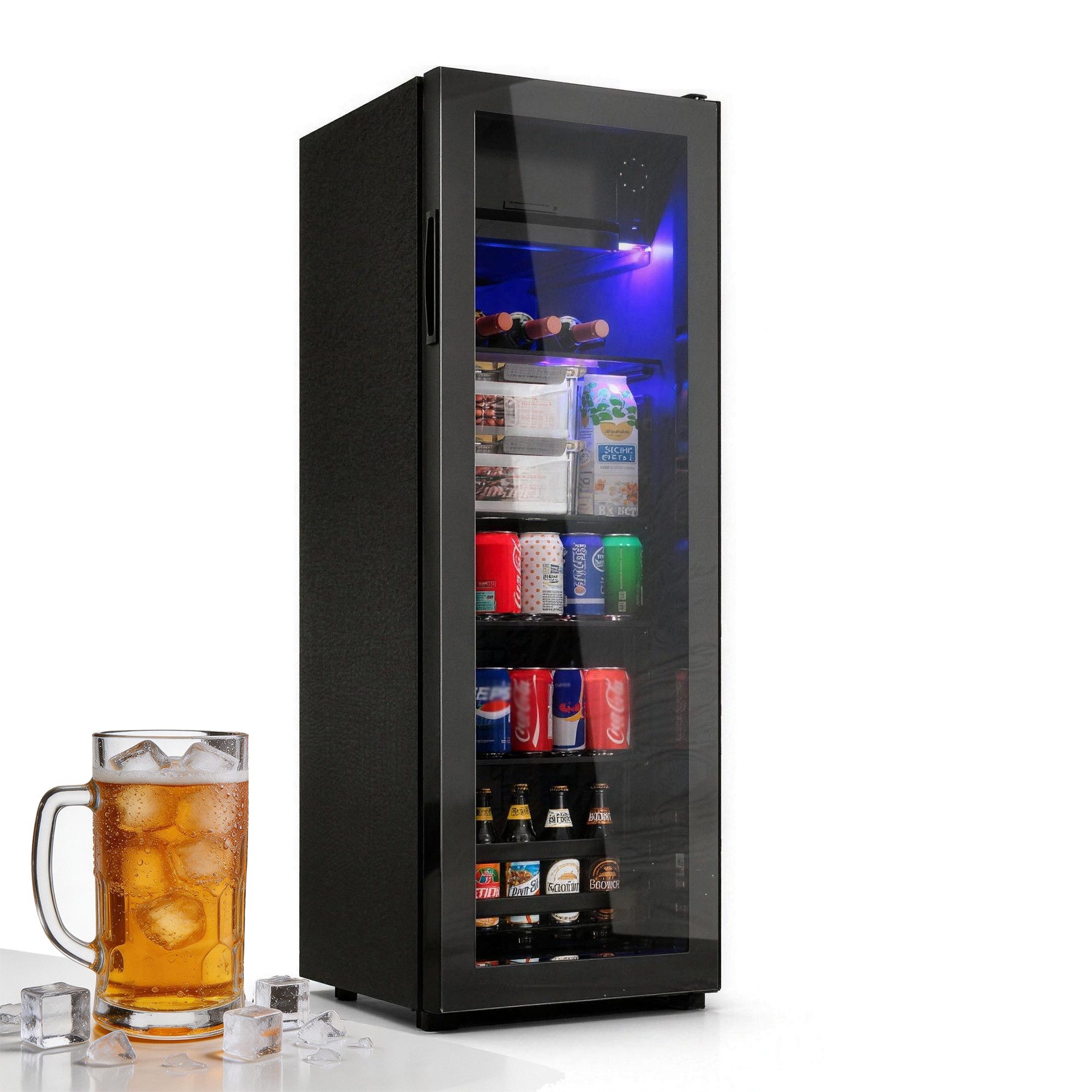 Merax Kühlschrank 128L mit Gefrierfach, Glastür, LED-Beleuchtung, verstellebare Ablage, Getränkekühlschrank SC-128P, 110 cm hoch, 40 cm breit, Mini Kühlschrank, Kühl- und Gefrierfunktion, freistehend