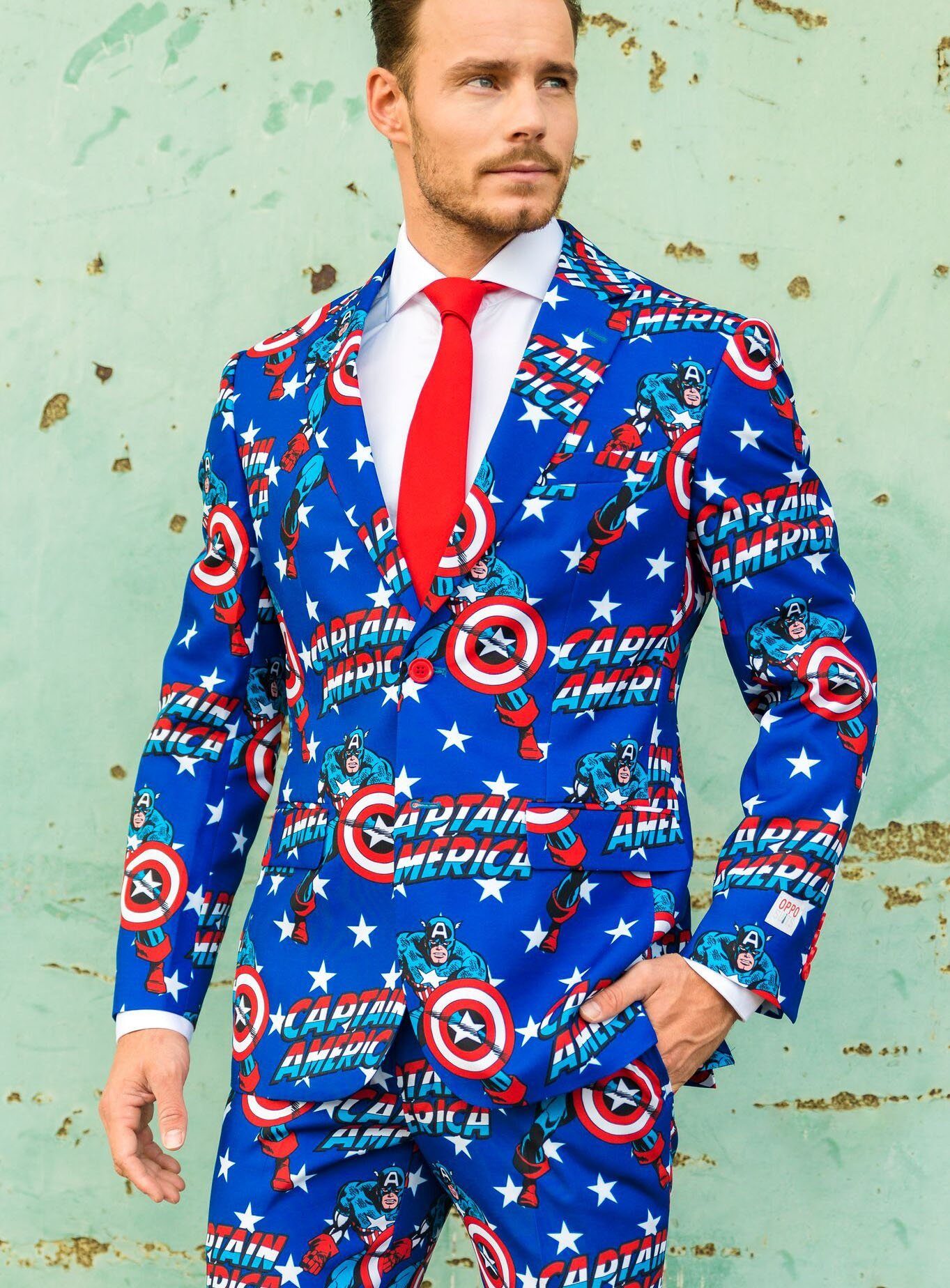 Opposuits Partyanzug Marvel Captain America, Lizenzierter Marvel-Anzug - einmal angeguckt und man sieht nur noch St