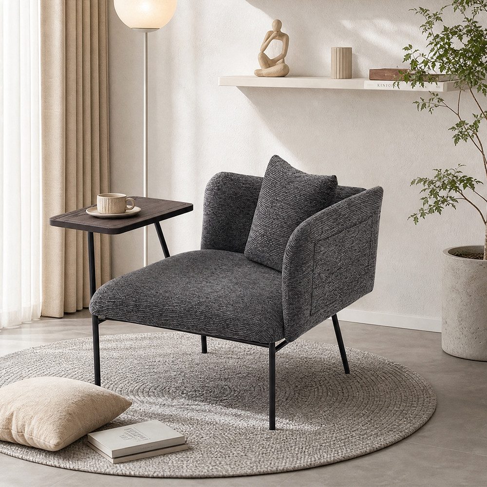 MODFU Loungesessel mit Stofflehne,Polsterstuhl (2 Staufächern & Beistelltisch aus Metallkonstruktion), Relaxsessel Freizeitstuhl