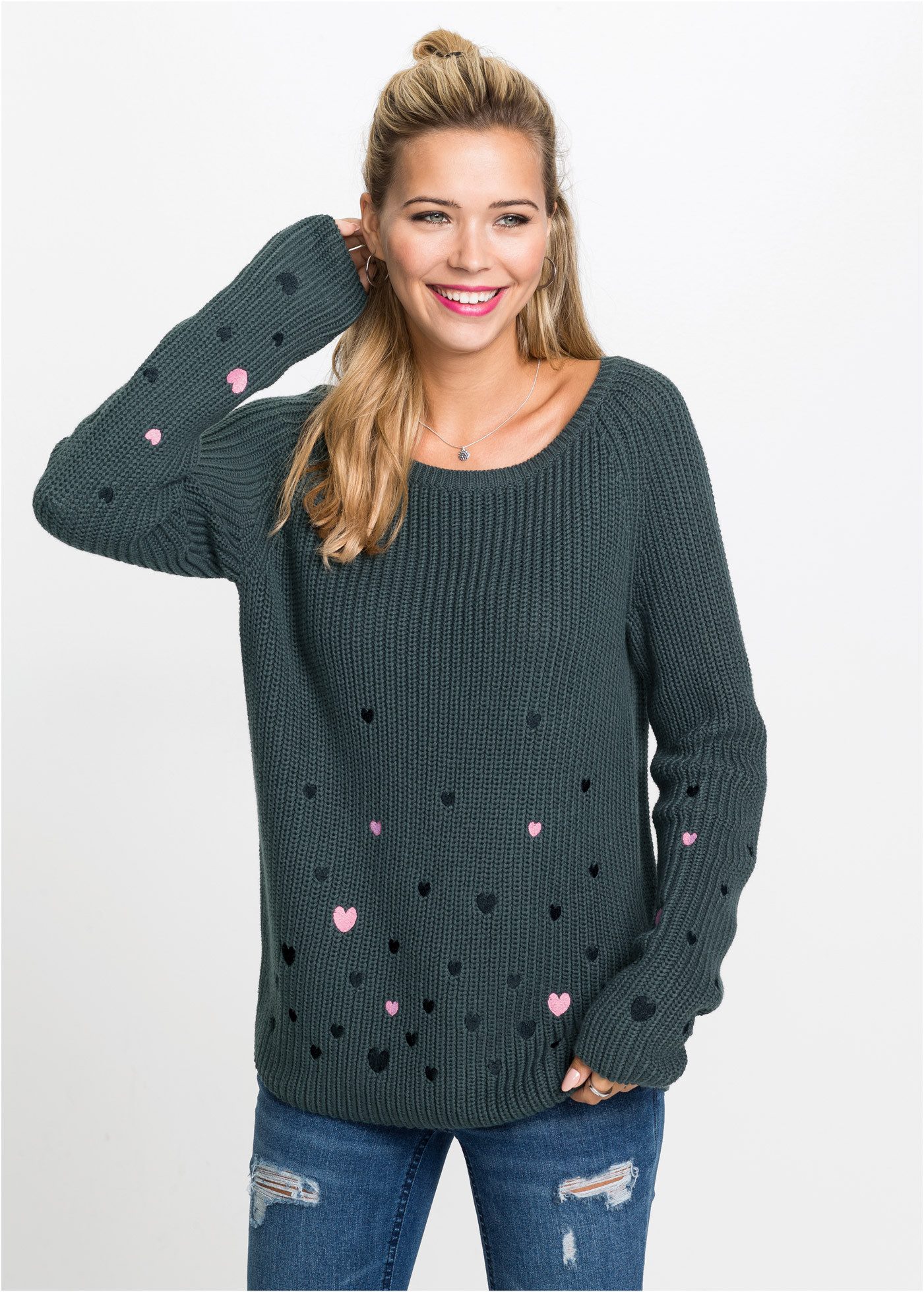 bonprix Strickpullover Pullover mit Stickerei günstig online kaufen