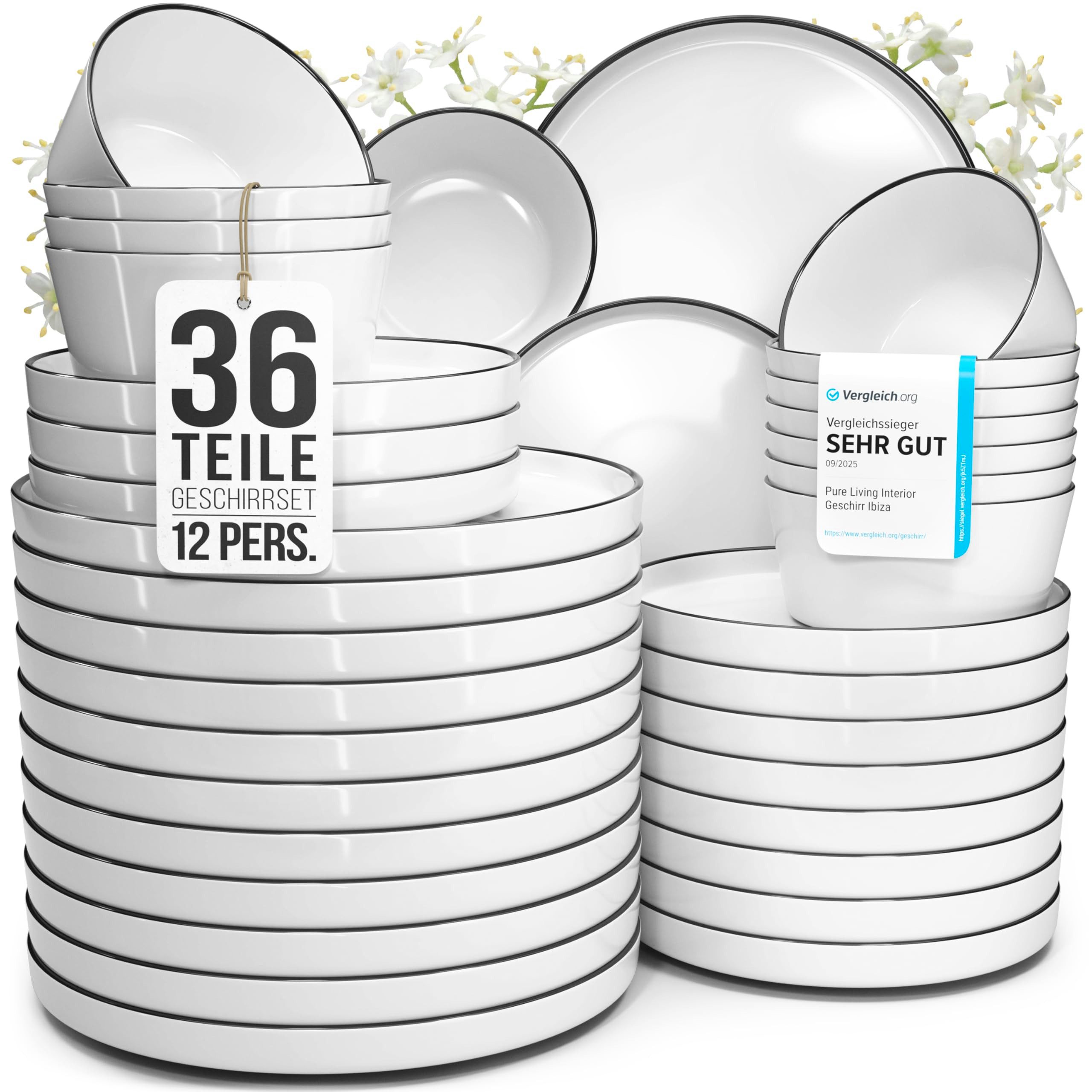 PURE LIVING INTERIOR DESIGN Geschirr-Set Porzellan Geschirrset 12 Personen Scandi 36 tlg. TESTSIEGER, Traumhaft (36-tlg), 12 Personen, Porzellan, Zeitloses skandinavisches Design, Eleganter schwarzer Rand, Minimalis…