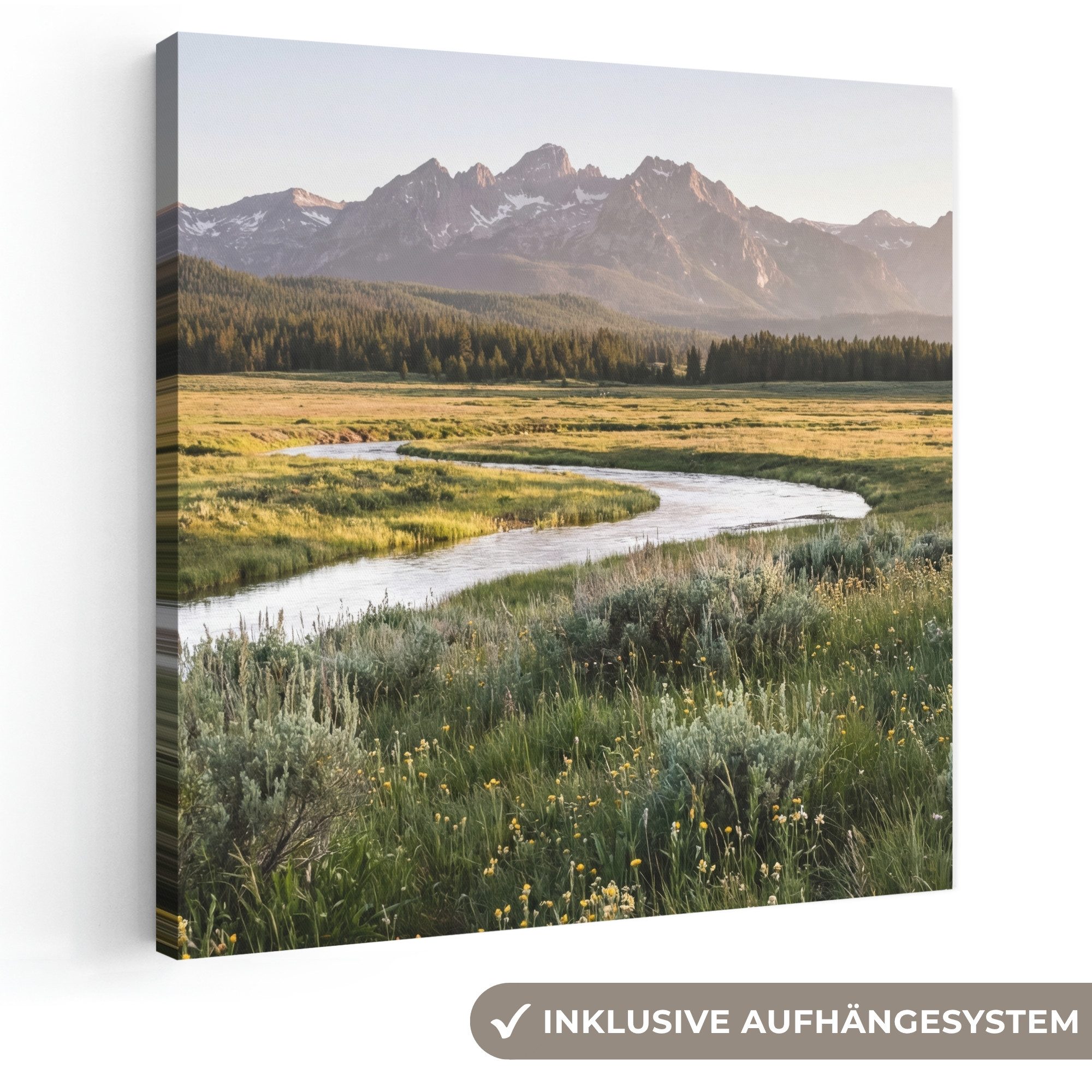 OneMillionCanvasses® Leinwandbild Berglandschaften - Fluss - Wald, Fotodruck (1 St), Wandbild, Deko Schlafzimmer Wohnzimmer Flur 20x20 cm