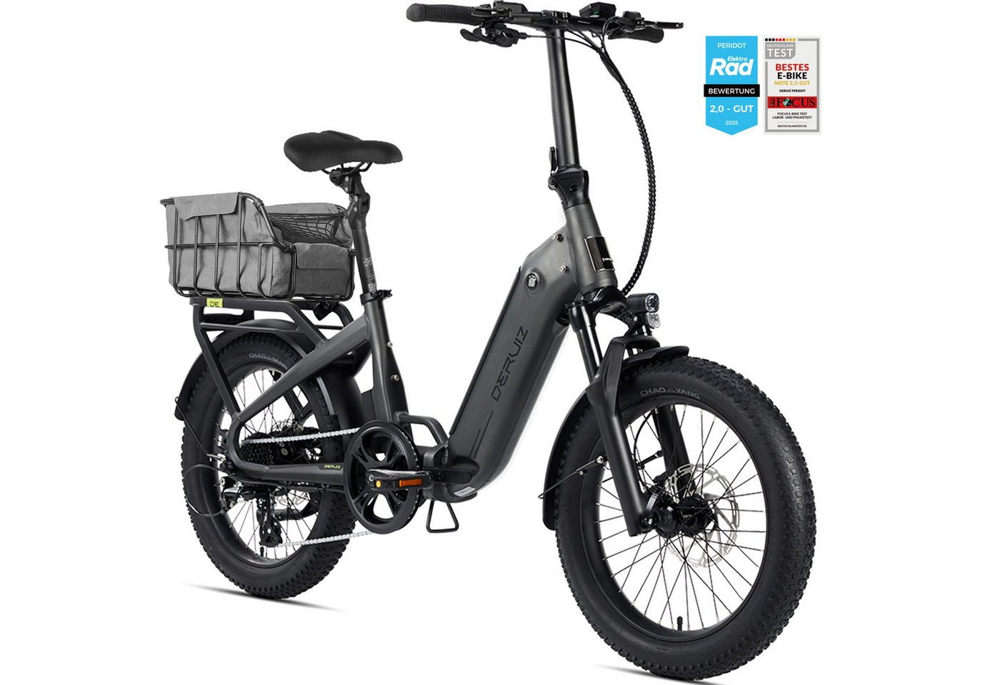 DERUIZ E-Bike Klapprad 20x3,0 Zoll, max. 140km, Federsattelstütze, mit Bluetooth, 5 Stufen, 8 Gang SHIMANO SHIMANO ALTUS 11-32T Schaltwerk, …