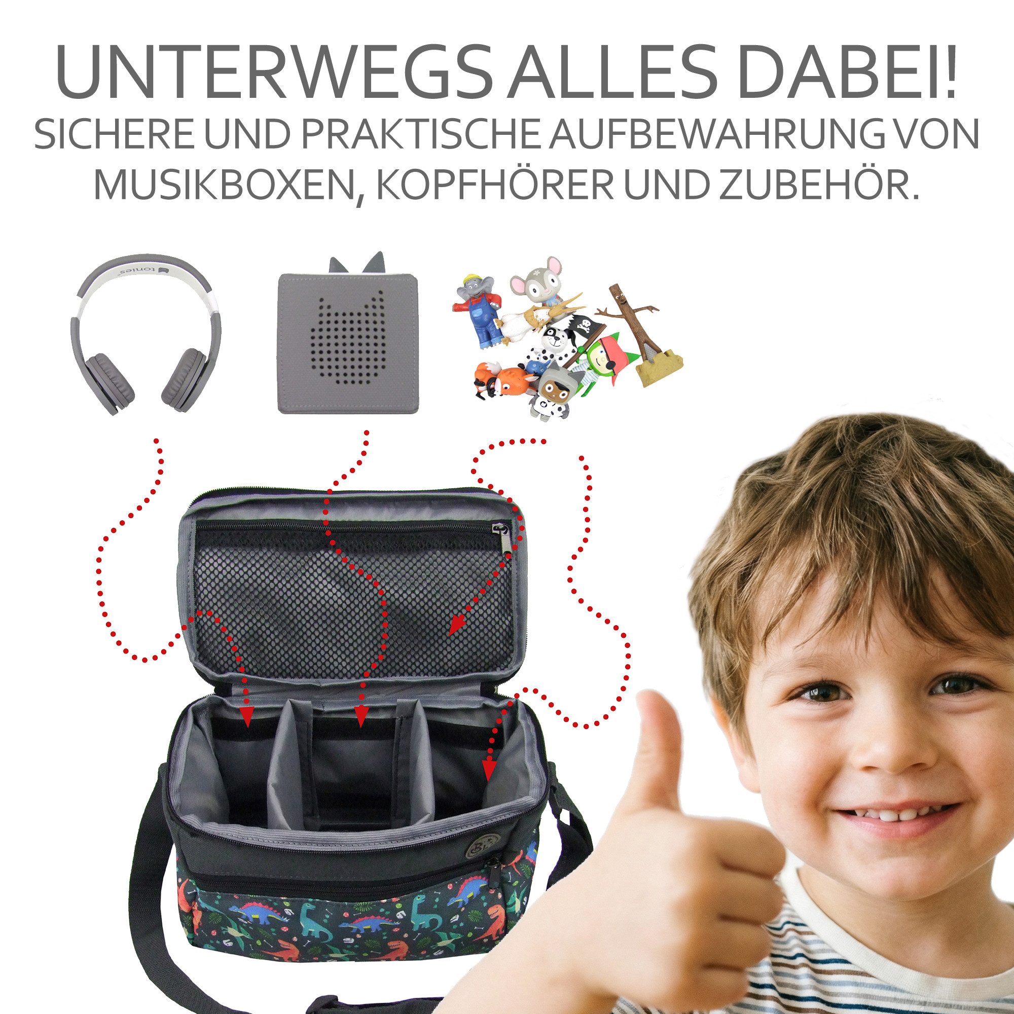 BambiniWelt by Rafael K. Aufbewahrungstasche Tasche für Toniebox Tigerbox für Musikbox Hörwürfel Innenfächer, innere Fächer dank Klettband frei verstellbar