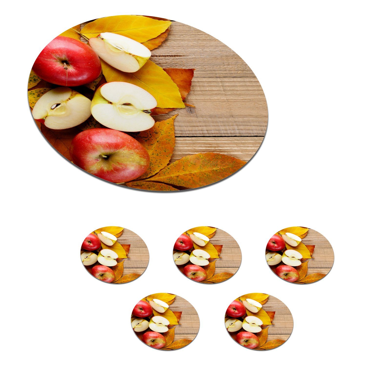 MuchoWow Glasuntersetzer Apfel - Blätter - Herbst - Obst, Zubehör für Gläser, 6-tlg., Getränkeuntersetzer, Tassenuntersetzer, Korkuntersetzer, Tasse, Becher | Getränkeuntersetzer