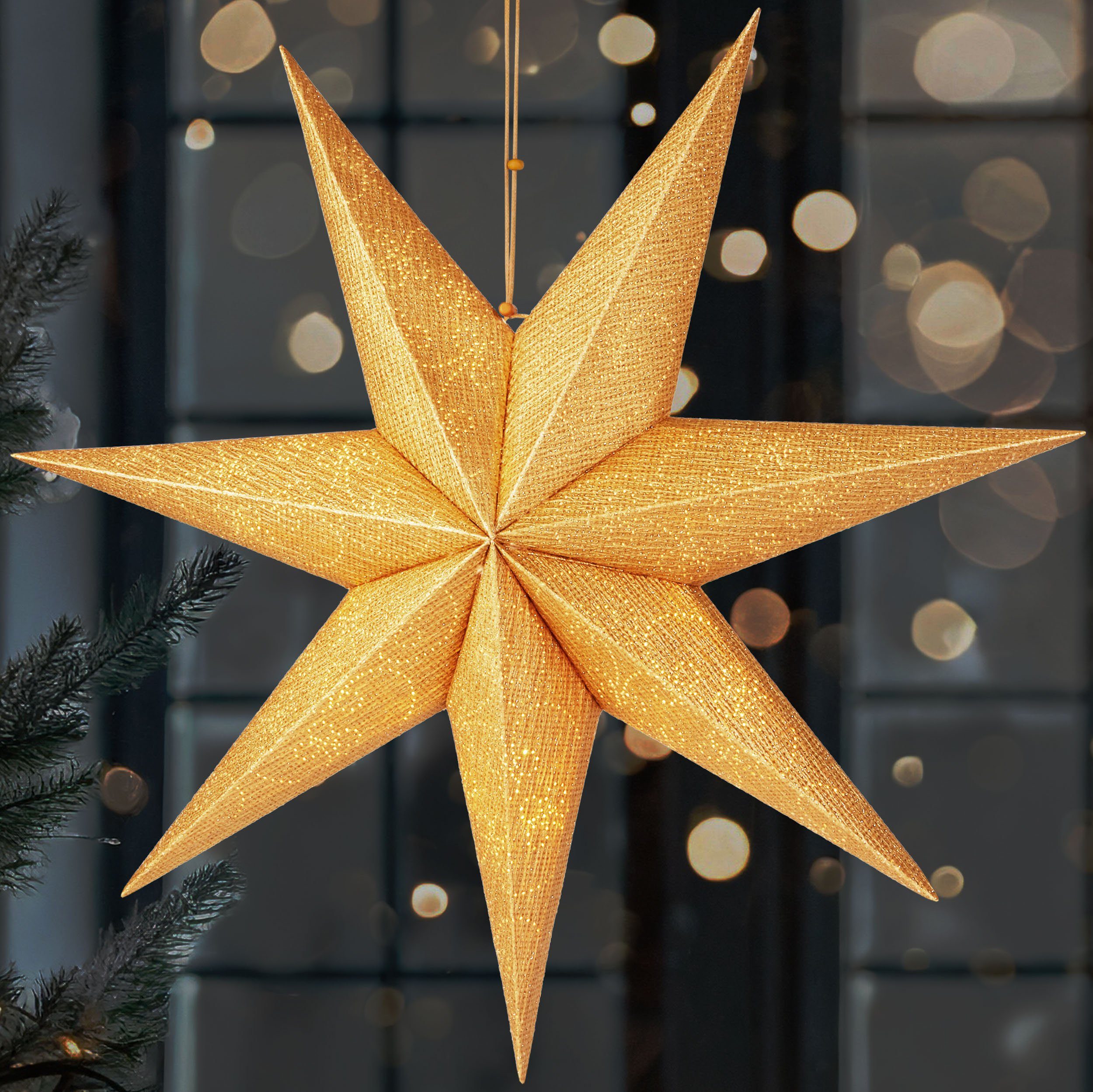 BRUBAKER LED Stern 60 LED Beleuchtbar Hängend, für Weihnachten, integriert, zum Batterie Leuchtstern Weihnachtsdeko Fensterdeko LED - Weihnachtsstern fest Aufhängen mit für Adventsstern und Gold Innen Warmweiß, für cm