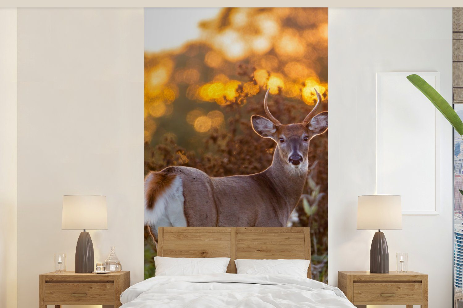 MuchoWow Fototapete Hirsche - Pflanzen - Sonnenuntergang - Wildtiere - Natur, Matt, bedruckt, (2 St), Vliestapete für Wohnzimmer Schlafzimmer Küche, Fototapete