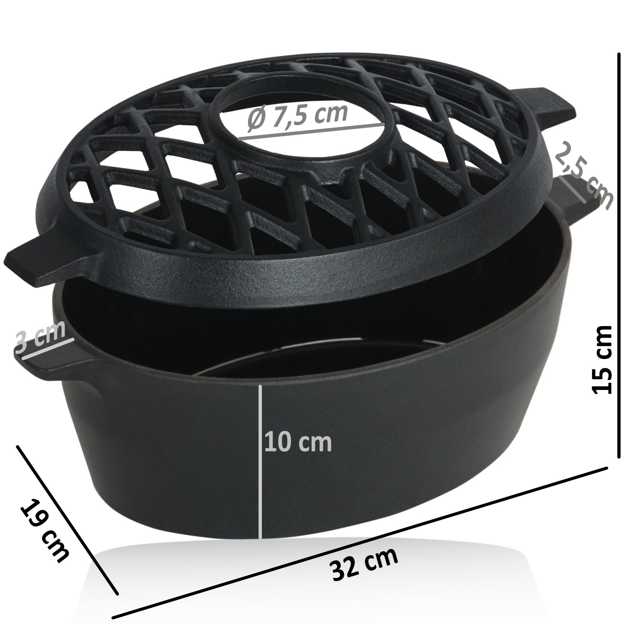 BBQ-Toro Luftbefeuchter Gusseisen Luftbefeuchter emailliert schwarz, 2,7 Liter, Wasserverdunst