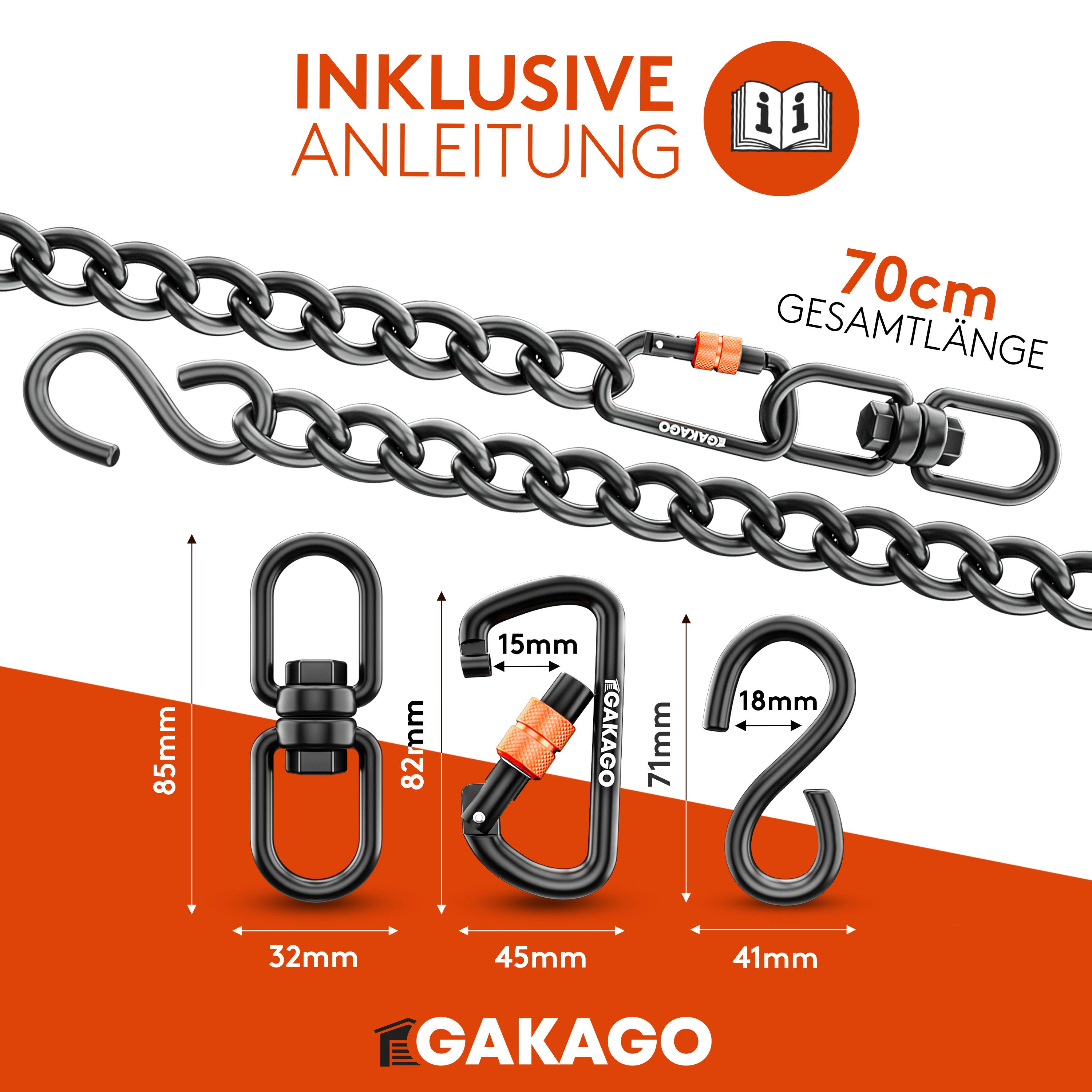 Gakago Deckenhaken Verlängerungskette, als Hängesessel Kette, Schaukel Verlängerung, Boxsack Halterung, (Extra Starke Stahlkette mit S-Haken, Drehwirbel und Kar – Bild 4 von 5
