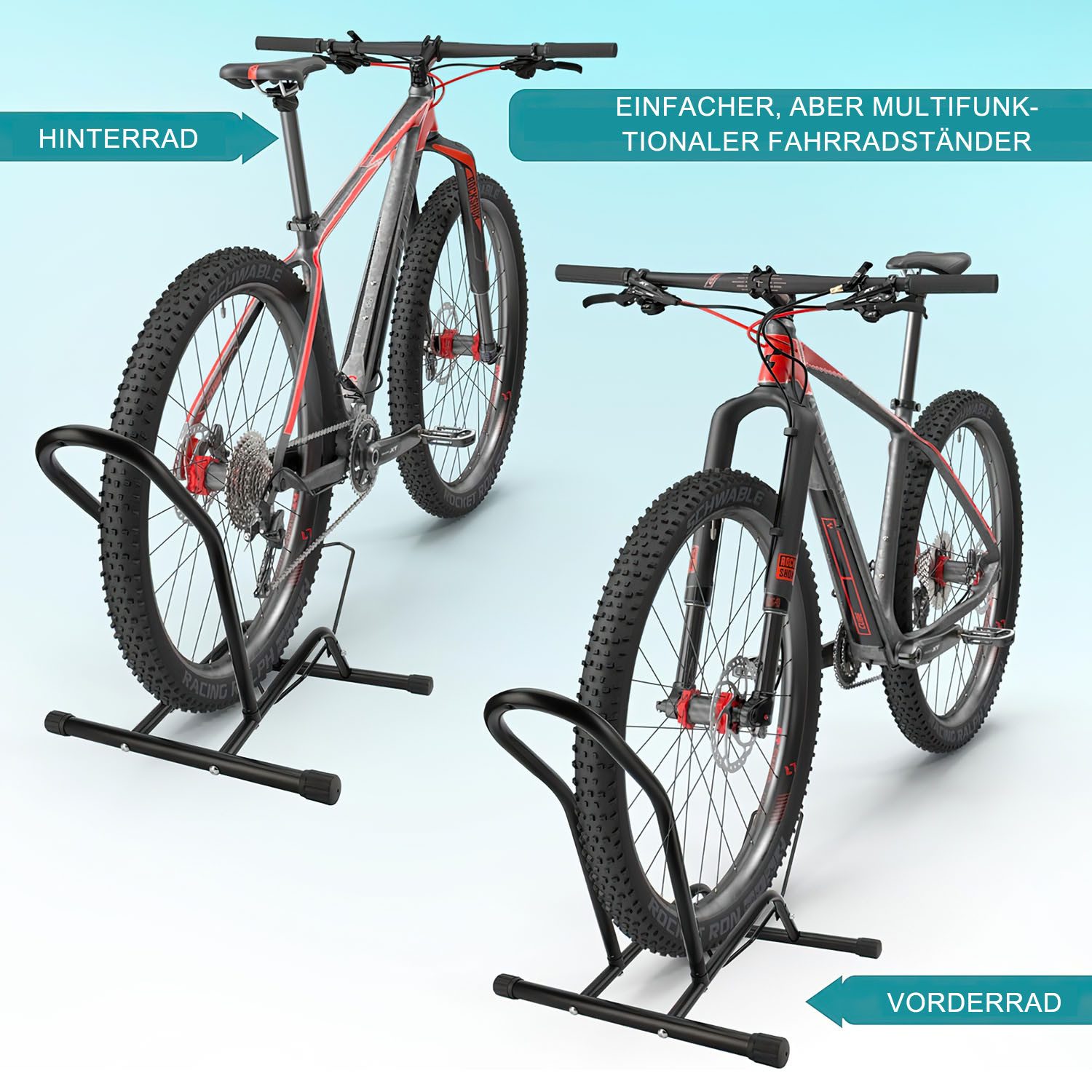 HEYHIPPO Fahrradständer Stabiler Fahrradständer aus Metall, tragbar mit rutschfesten Pads (Schwarzer Fahrradständer,44,5×37cm,tragbarer Ständer für Mountainbikes), Bike-Gepäckträger für 8–11 cm Reifen, passend für Vorder- & Hinterrad