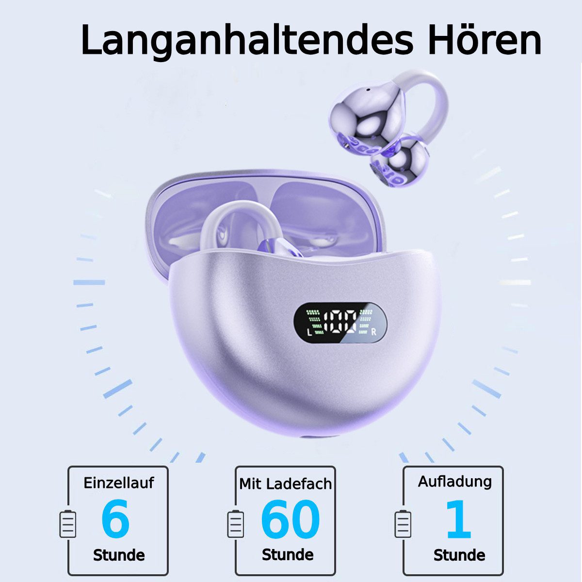 ibettertec Open Ear Kopfhörer, In Ear Ohrhörer, Bluetooth 5.4 Sport-Kopfhörer Open-Ear-Kopfhörer (Reduzierung des Anrufrauschens und Intelligente Bassoptimierung, Offenes Ohrclip-Design, HiFi Stereo, 60 Std Laufzeit, IPX4 Wasserdichte Kabellose Sport Bluetooth Kopfhörer, für Übung, Büro und Langzeitgebrauc)
