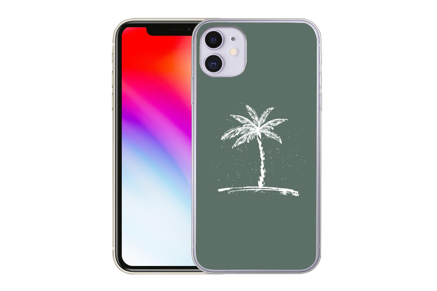 MuchoWow Handyhülle für Apple iPhone 11 Palme - Weiß - Grün - Tropisch, Smartphone-Bumper, Print, Handy Schutzhülle Dünn