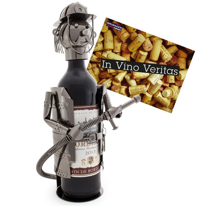 BRUBAKER Weinflaschenhalter Feuerwehrmann mit Schlauch Flaschenhalter (inklusive Grußkarte) Metall Skulptur Wein Geschenk