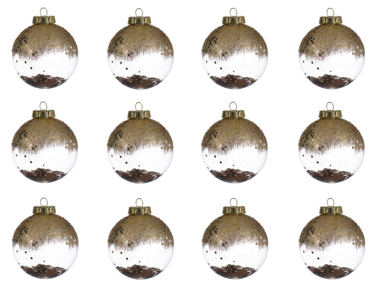 Decoris season decorations Christbaumschmuck, Weihnachtskugeln Kunststoff gefüllt Glitzer 8cm klar / gold, 12er Set