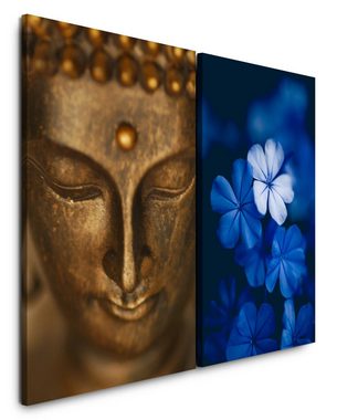 Sinus Art Leinwandbild 2 Bilder je 60x90cm Buddha Buddhakopf Tibet Blumen Blau Bronze Nahaufnahme