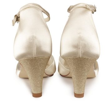 White Lady 923 ivory Satin - Brautschuhe mit gold Steg T-Strap Pumps