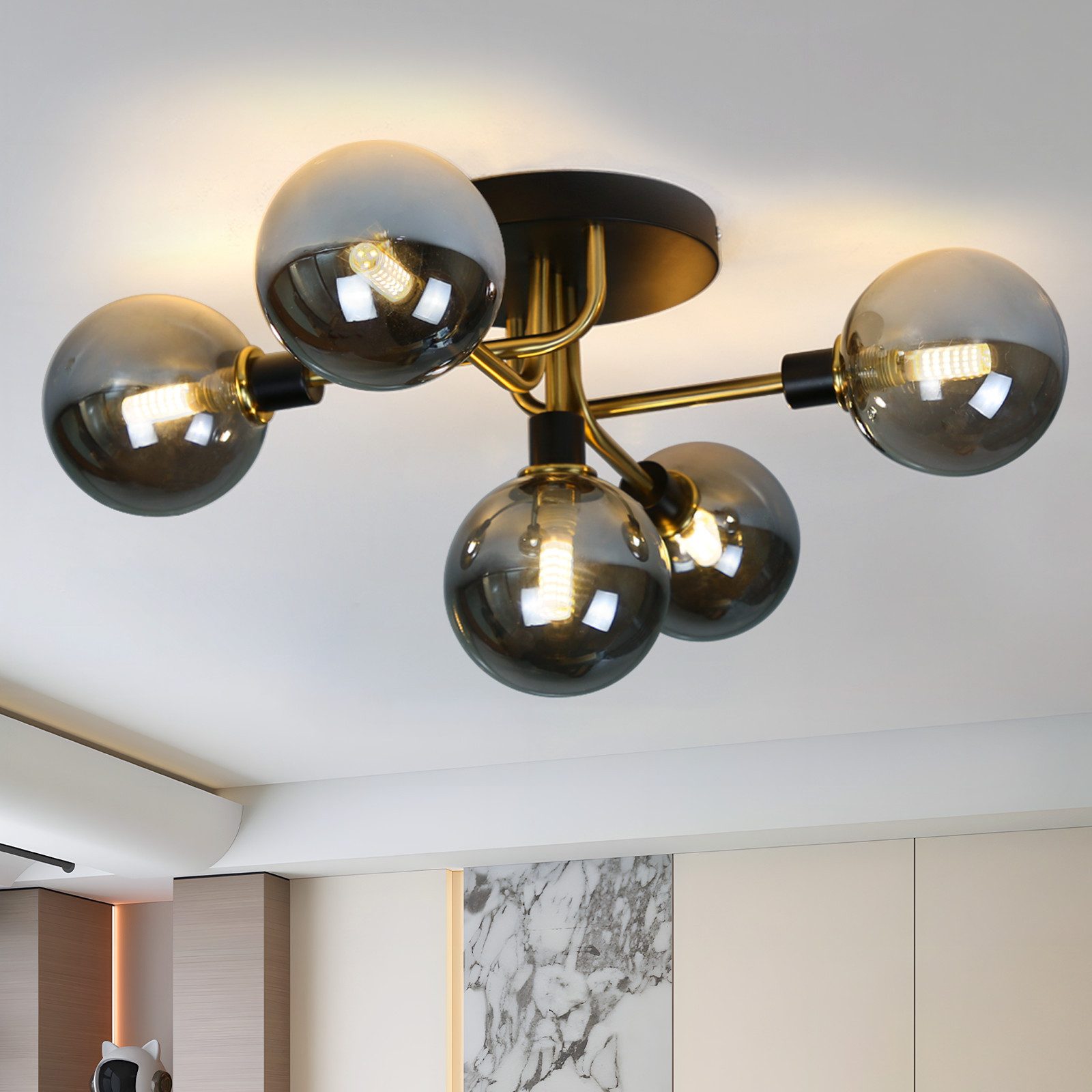 Nettlife LED Deckenleuchte Glas Wohnzimmer 5 Flammig Max.25W Deckenlampe Kugel G9 Fassung 67CM, LED wechselbar, Warmweiße, Glühbirne austauschbar