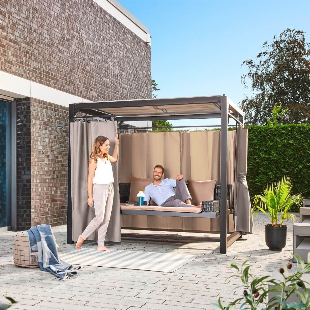 HOME DELUXE Doppelliege PROVENCE, inkl. Seitenvorhänge, Abdeckung, Kissen & Montagematerial, Gartenliege mit Sonnendach, Schwebeliege mit Rattanbett, Doppelliege