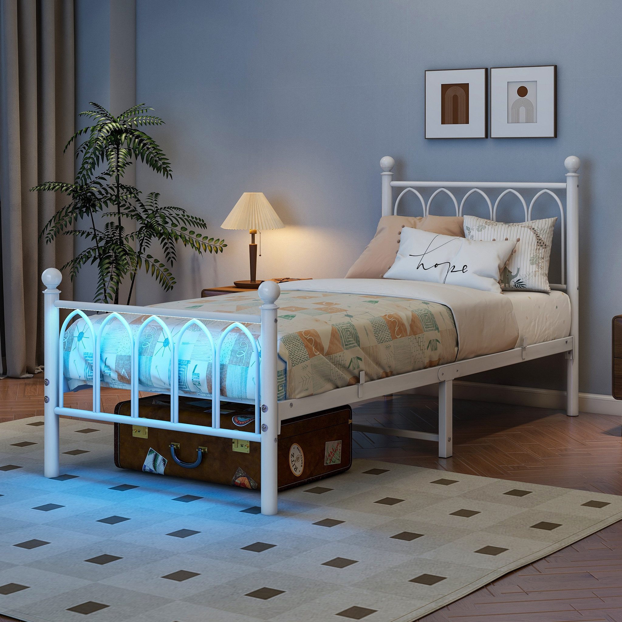 MC Star Polsterbett 90x200cm Metall Bettrahmen mit Vintage Kopf und Fußplatte (USB-Ladestation, LED-Bettrahmen, Heavy Duty Stahl Slat Unterstützung, Reichweite Unterbett-Speicher, Keine Box-Feder erforderlich, Weiß)