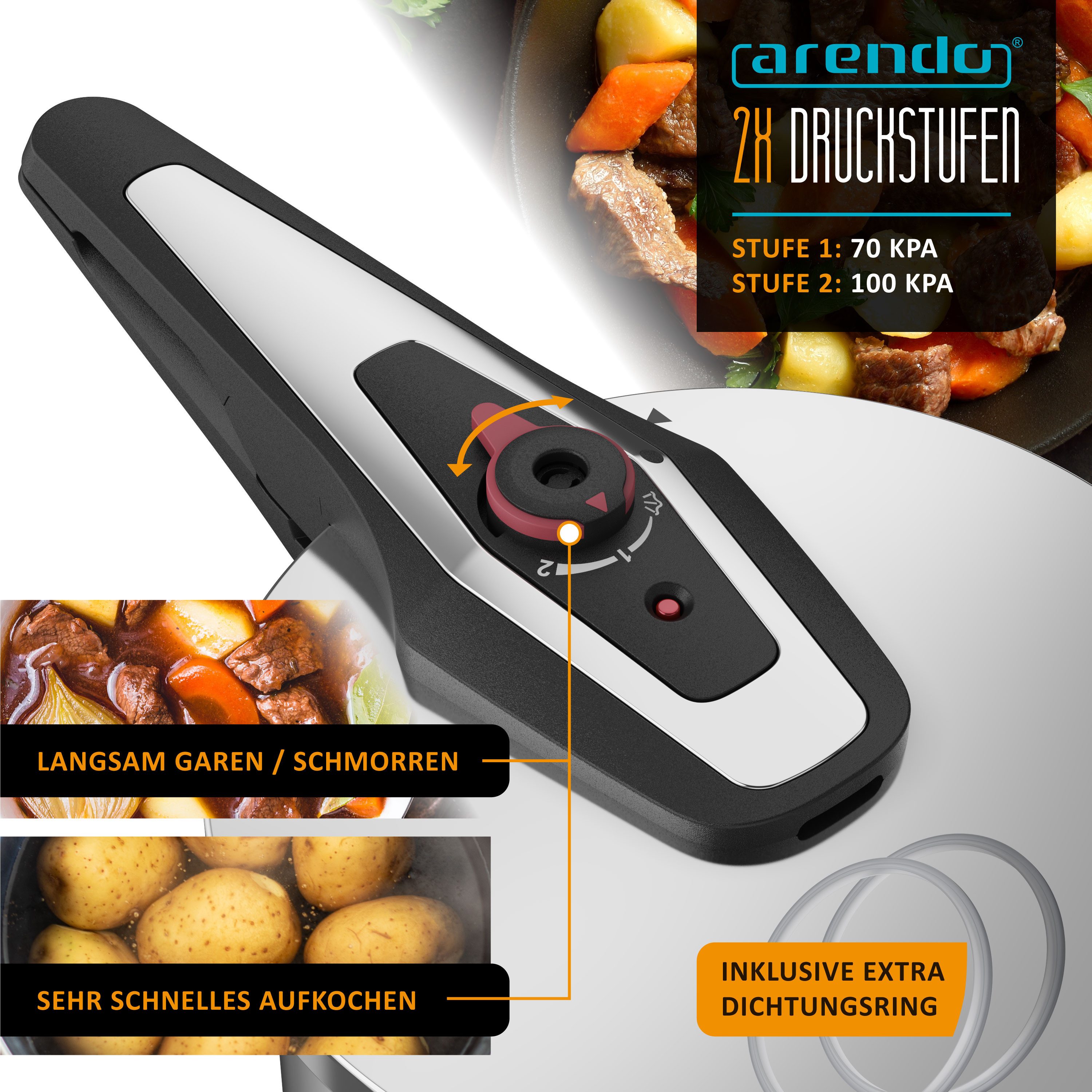 Arendo Schnellkochtopf 6 Liter Edelstahl Dampfkochtopf mit Sicherheitssystem, 2x Druckstufen, Edelstahl (1-tlg), Dampfgaren, Einkochen, Für Induktionsherde, Gasherde und Ceranfelder