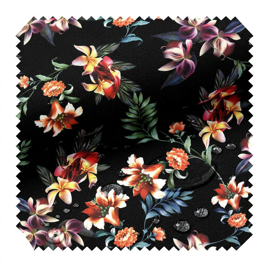 novely® Stoff OXFORD 210D D206 Bunter Blumenmix Auf Schwarz Printstoff Outdoor, Wasserabweisend, Outdoor, Meterware, 1lfm