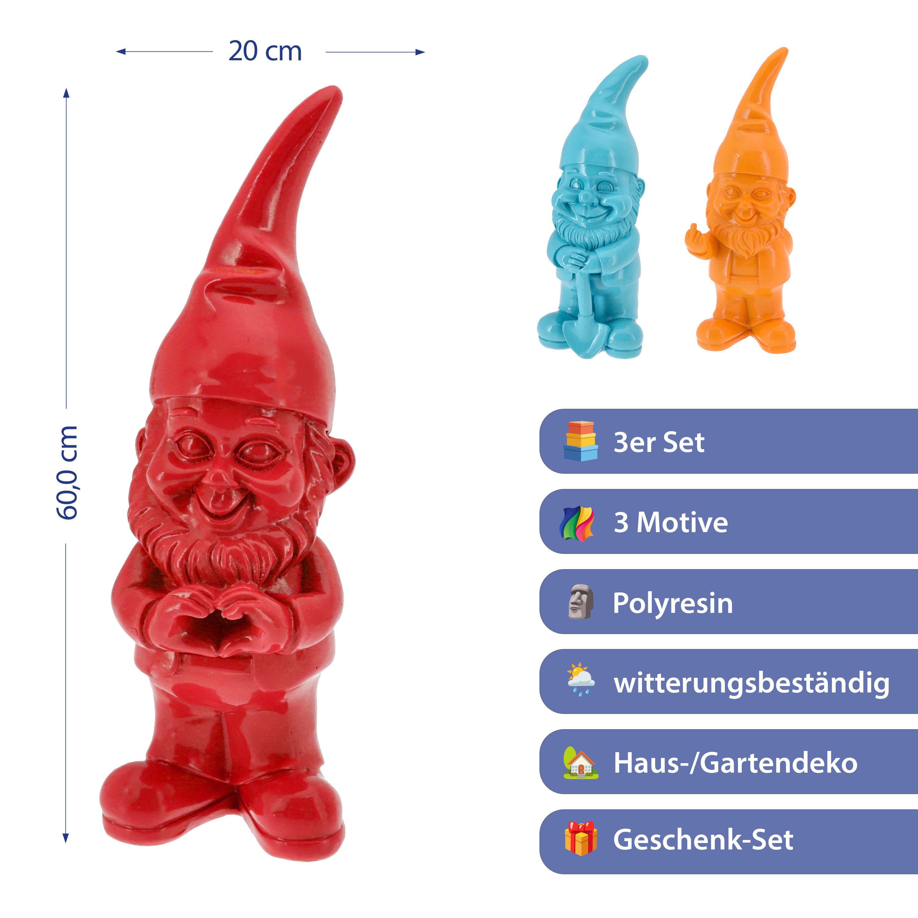 CEPEWA Gartenzwerg XXL Gartenzwerg 3er Set Polyresin rot türkis orange 20x60x16cm Figur